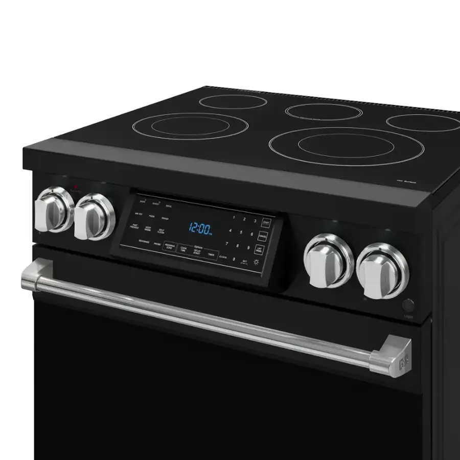The image shows a black stove with a clock on the front. The clock displays the time as 12:00. The stove has four burners, and the clock is located in the middle of the stove.