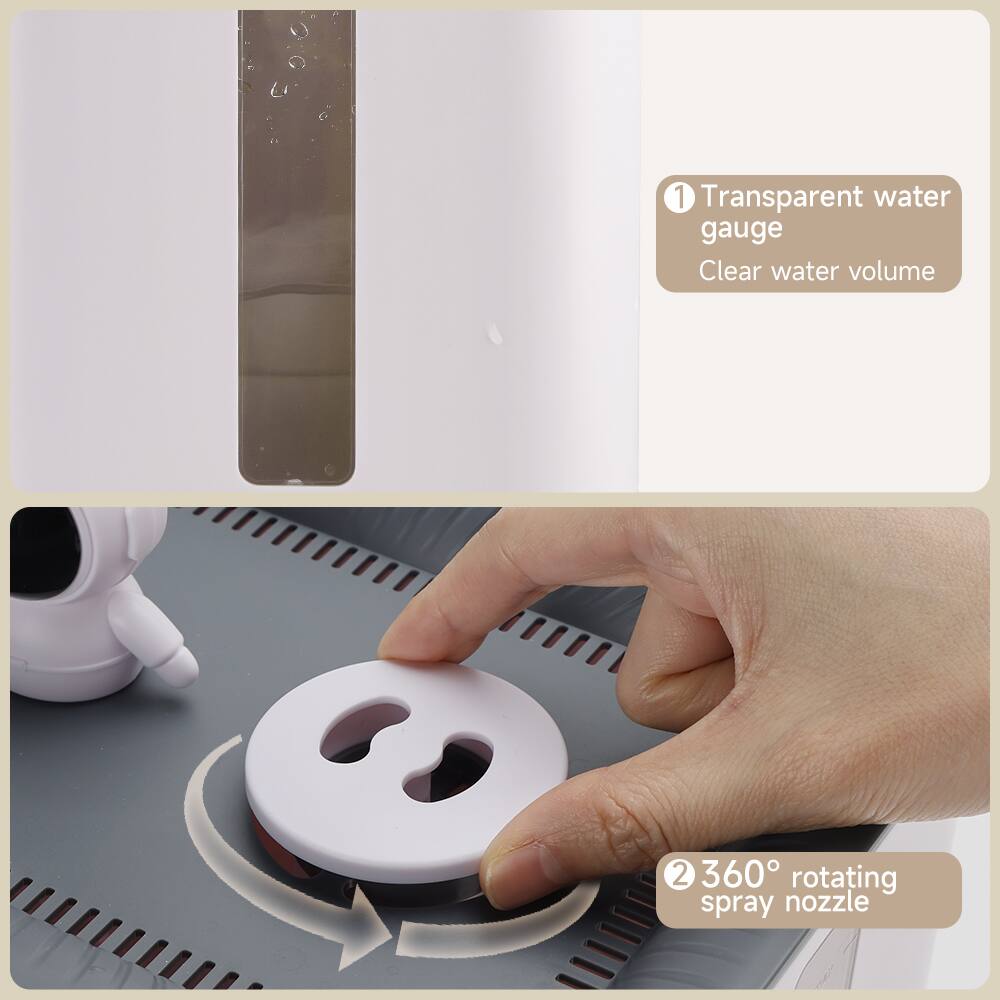 1. Transparent water gauge  
   Clear water volume  

2. 360° rotating spray nozzle