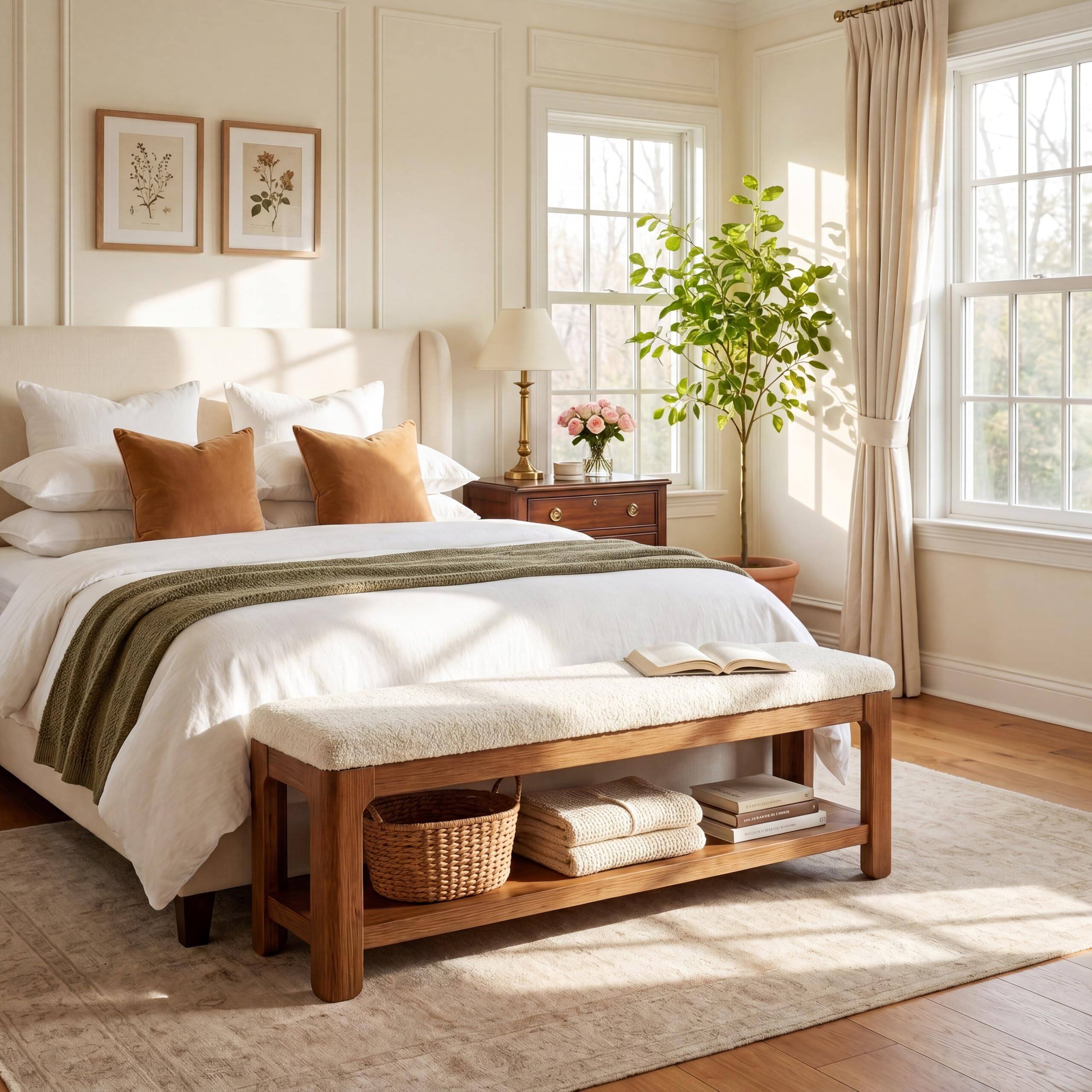 Alt View 1. Tribesigns - Solid Wood 55" Dining Bench with Cushion and Sturdy Frame - White & Brown.