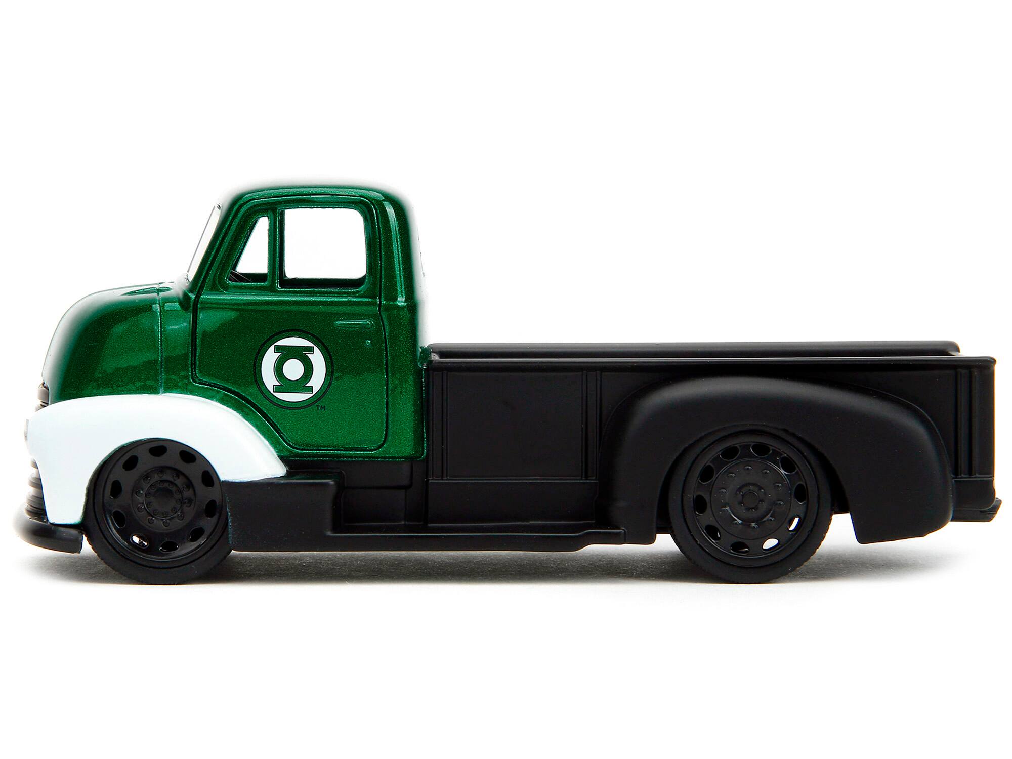 Left. Jada - 1952 Chevrolet COE Pickup Truck 1/32 Diecast Green Metallic Black with Green Lantern Figure "DC Comics" Series - Green Metallic And Black And Green.
