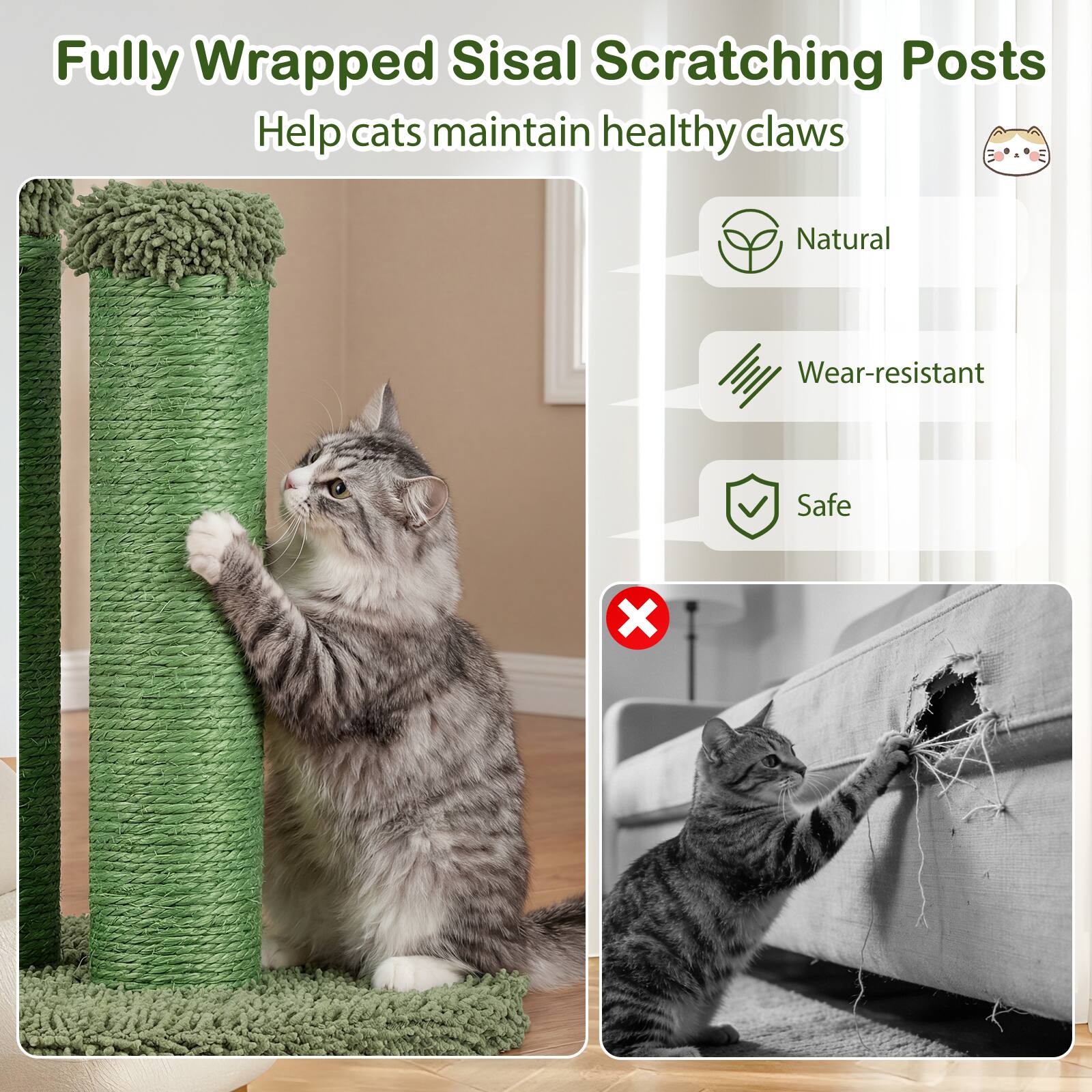 Fully Wrapped Sisal Scratching Posts  
Help cats maintain healthy claws  

Natural  
Wear-resistant  
Safe