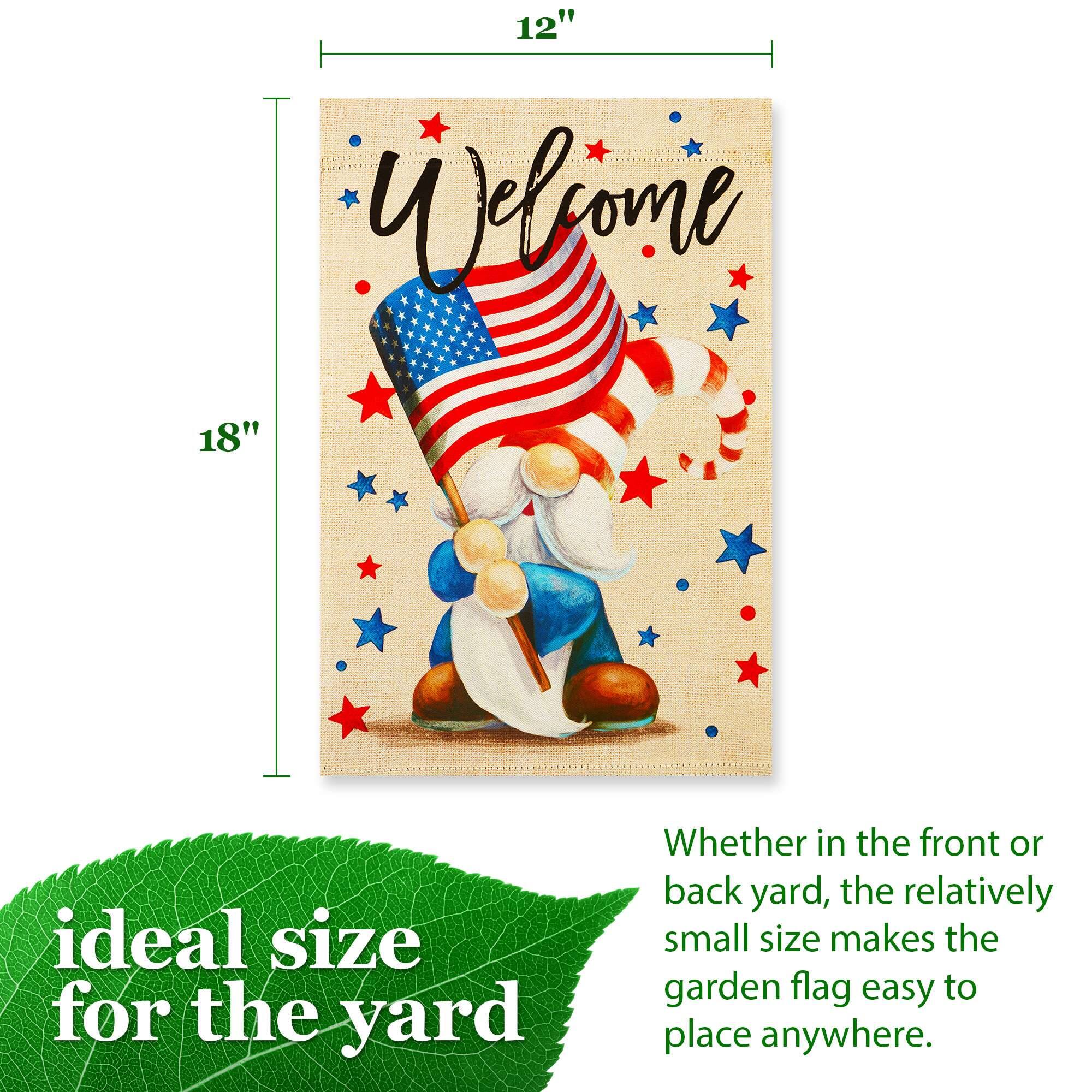 G128 Garden Flag Patriotic Gnome Welcome Independence Day Design