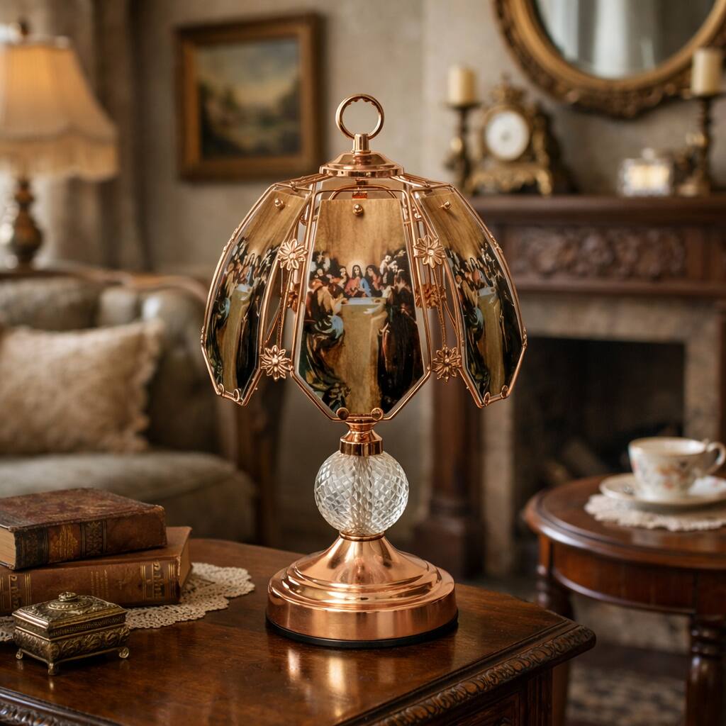 FC Design - 17"H Rose Gold Color Religious Glass Panel Design Touch Lamp