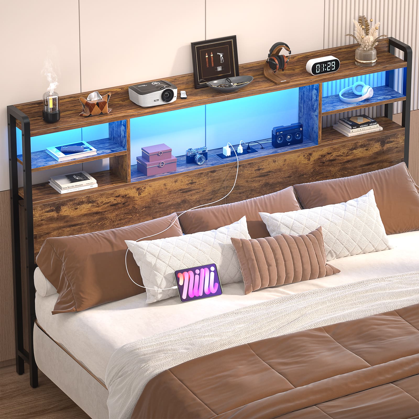 Aheaplus - Queen Size Headboard with Power Outlet and RGB LED Lights, Headboard with Storage Shelves - Brown price history on PriceWatchPro