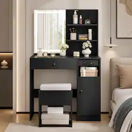WELLFOR - Makeup Vanity Desk with 3‑Color Dimmable Lighted Mirror, Charging Station and Storage Cushioned Stool for Bedroom - Black