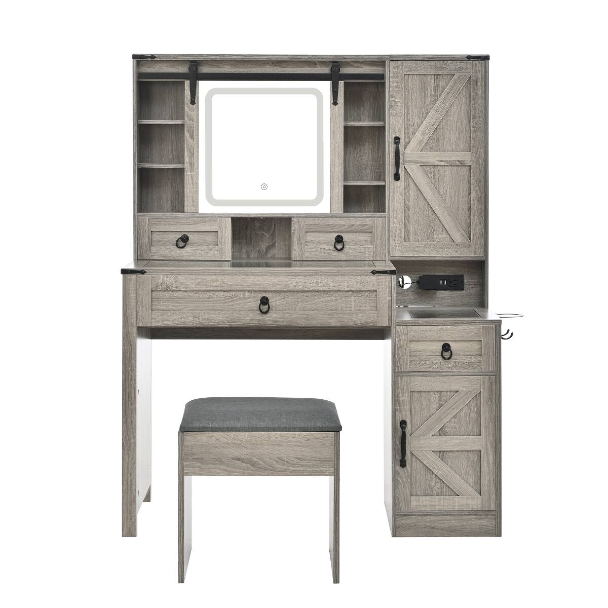 Alt View 6. Loheer - Loheer Farmhouse Vanity Desk with LED Mirror, Gray Vanity Set with Stool - Gray.