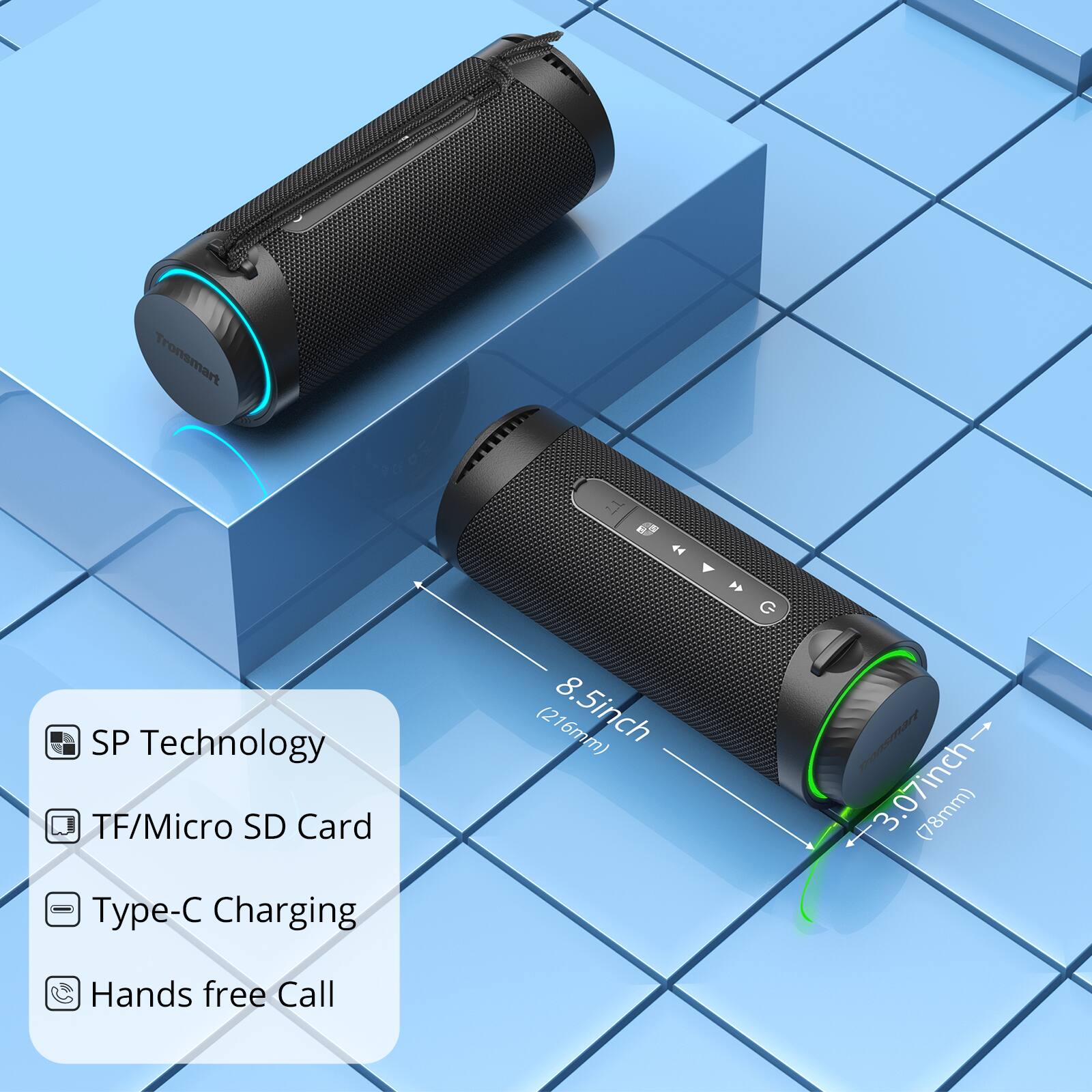 The image features two Tronsmart 7 SP Technology TF/Micro SD Card Type-Charging devices. They are placed on a blue background, and one of them is sitting on top of a blue block. The devices are designed for hands-free calls, and they are equipped with a 5-inch screen and a 78mm charging port. The devices are also compatible with a Type-C charging system.