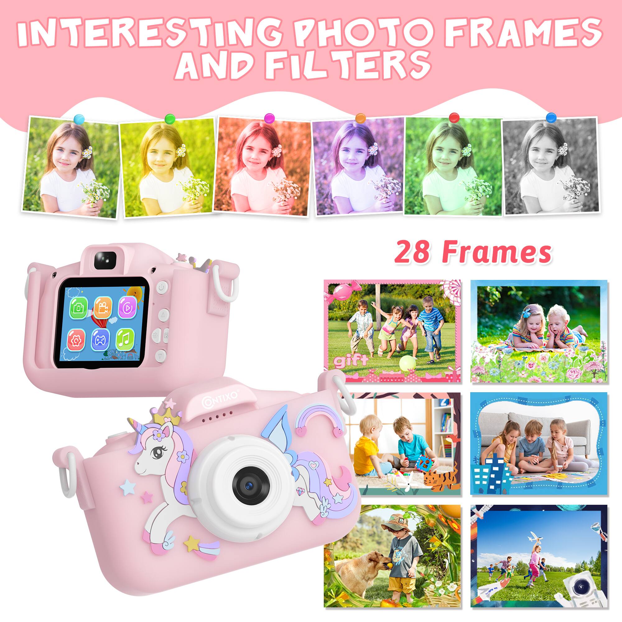 The image features a pink camera with a unicorn design, along with a collection of 28 different photo frames and filters. These frames and filters are designed to add an interesting and creative touch to the photos taken with the camera. The frames and filters can be used as a gift or to enhance the overall photography experience.