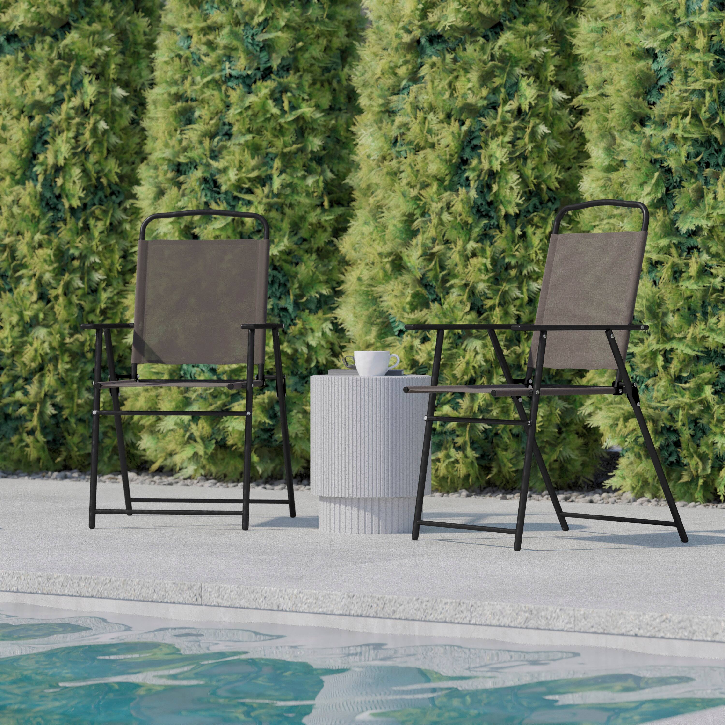 Alt View 4. Flash Furniture - Set of 2 Mystic Folding Patio Sling Chairs, Outdoor Textilene Lawn Chairs with Armrests in Brown - Brown.