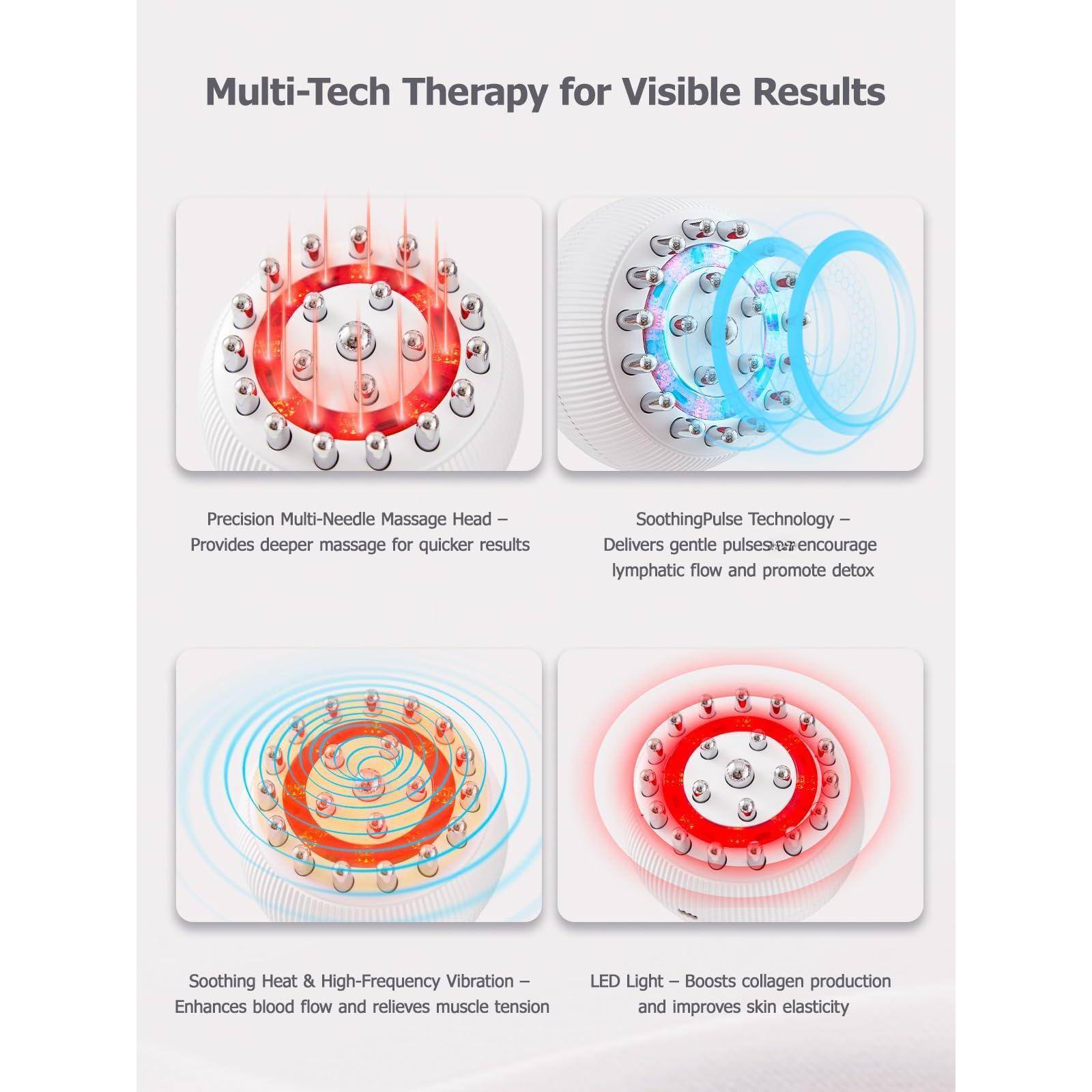 Multi-Tech Therapy for Visible Results

Precision Multi-Needle Massage Head – Provides deeper massage for quicker results

SoothingPulse Technology – Delivers gentle pulses to encourage lymphatic flow and promote detox

Soothing Heat & High-Frequency Vibration – Enhances blood flow and relieves muscle tension

LED Light – Boosts collagen production and improves skin elasticity