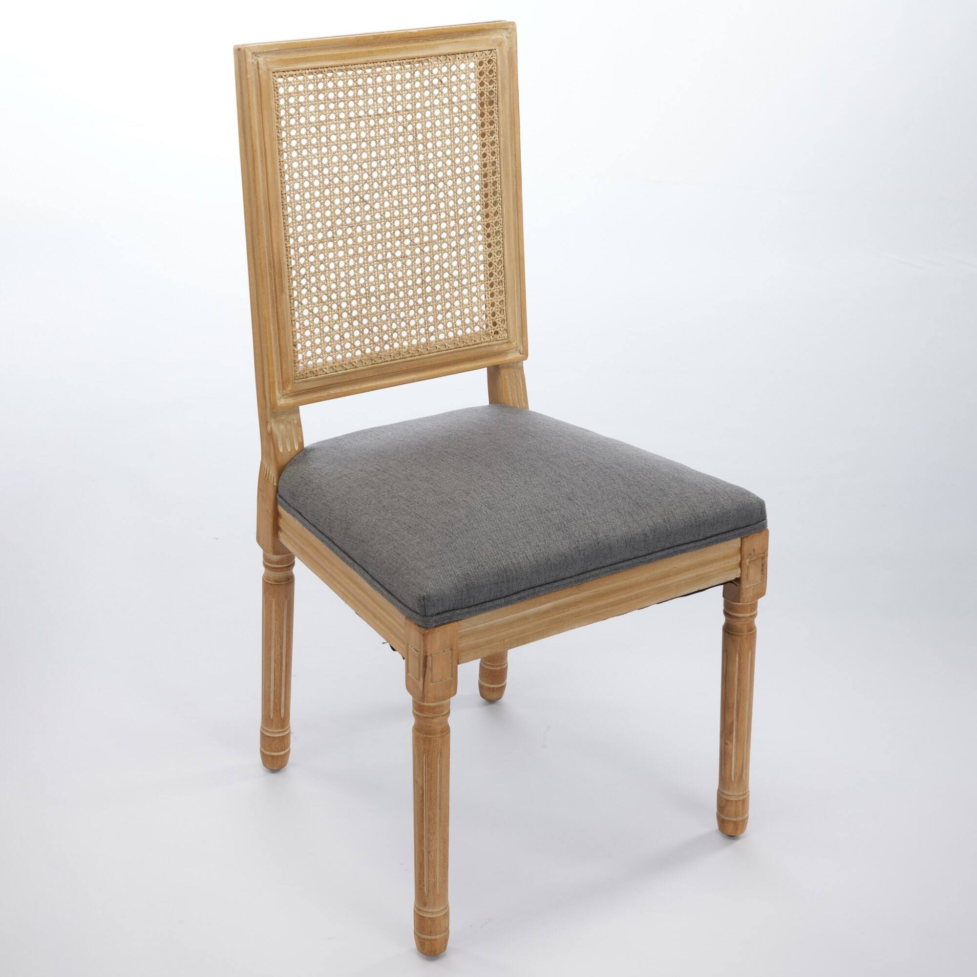 Back. GOODSILO - French-Inspired Dining Chairs Set of 2 with Rattan Backrest and Solid Wood Frame for Elegant Home Decor - Gray.