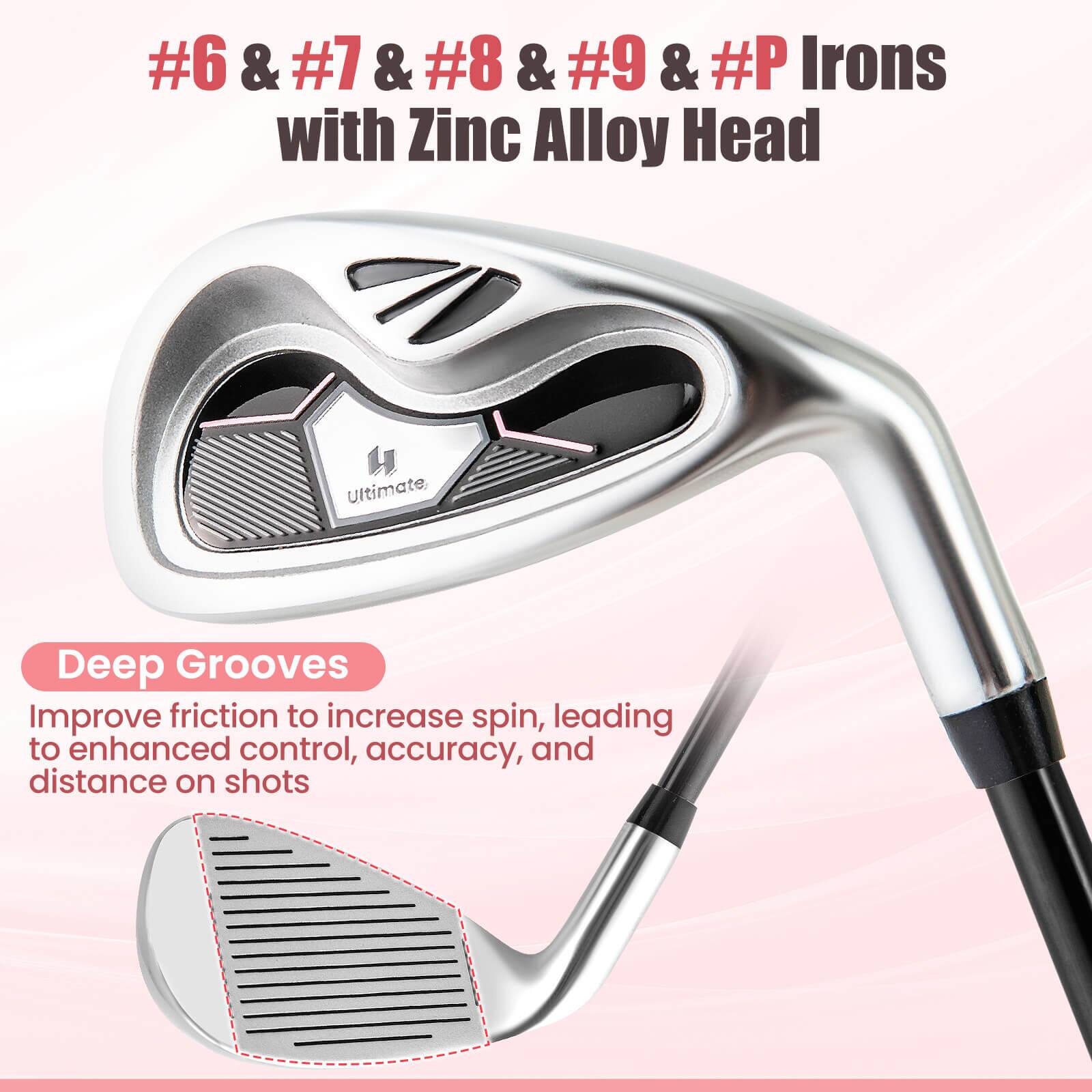 #6 & #7 & #8 & #9 & #P Irons with Zinc Alloy Head

Deep Grooves
Improve friction to increase spin, leading to enhanced control, accuracy, and distance on shots