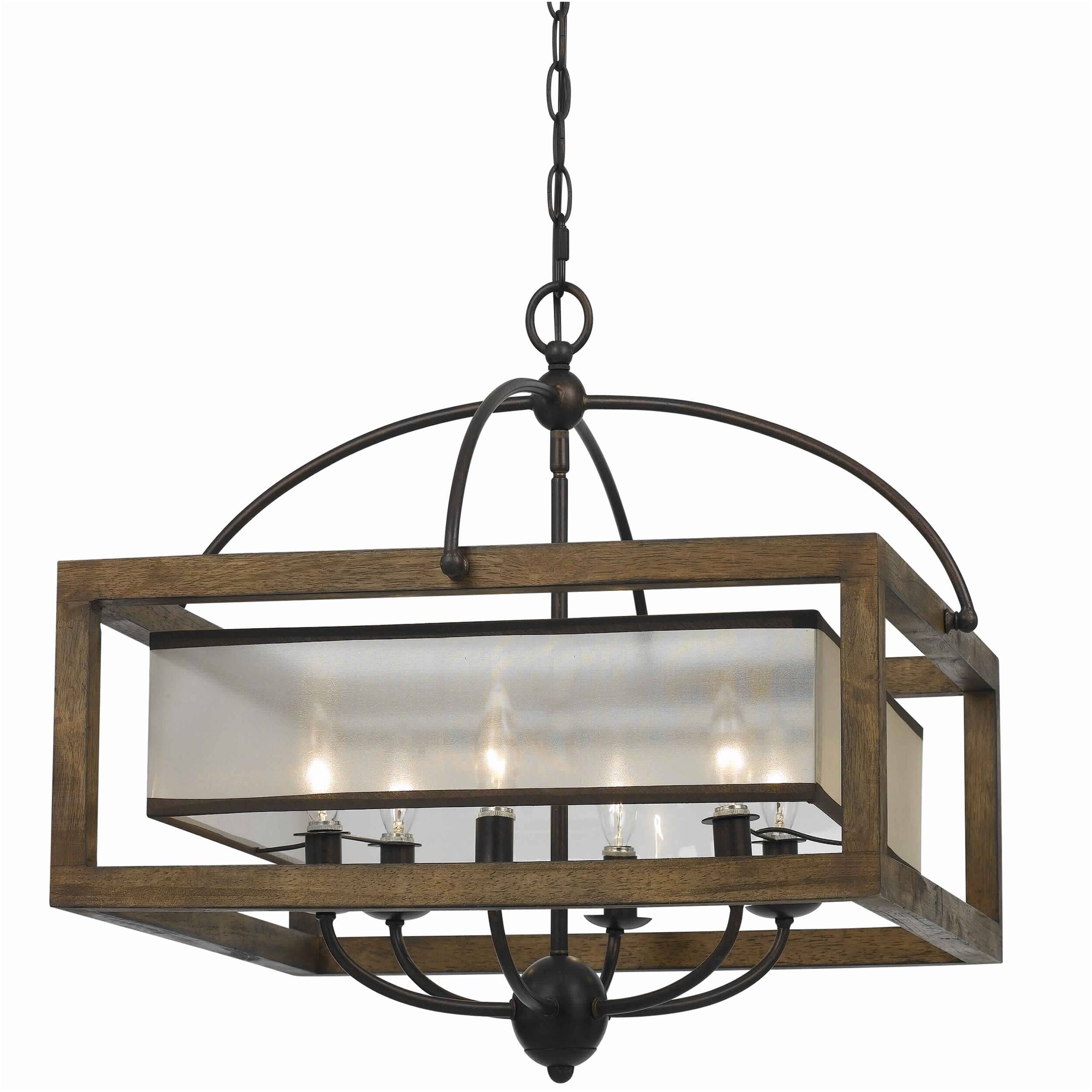 Front. Manhattan Lane - 6 Bulb Square Chandelier with Wooden Frame and Organza Striped Shade - Brown.