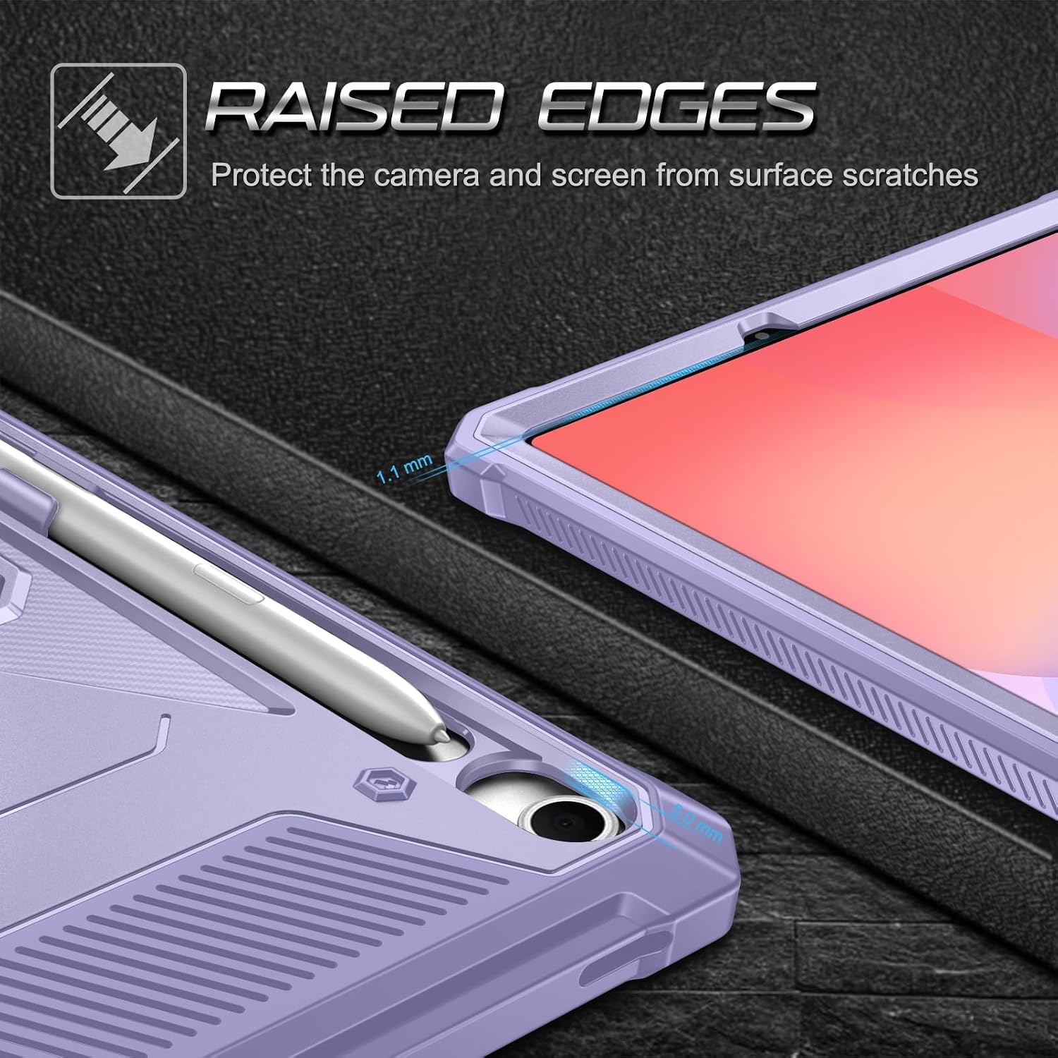 RAISED EDGES Protect the camera and screen from surface scratches 1.1 mm 50 mm