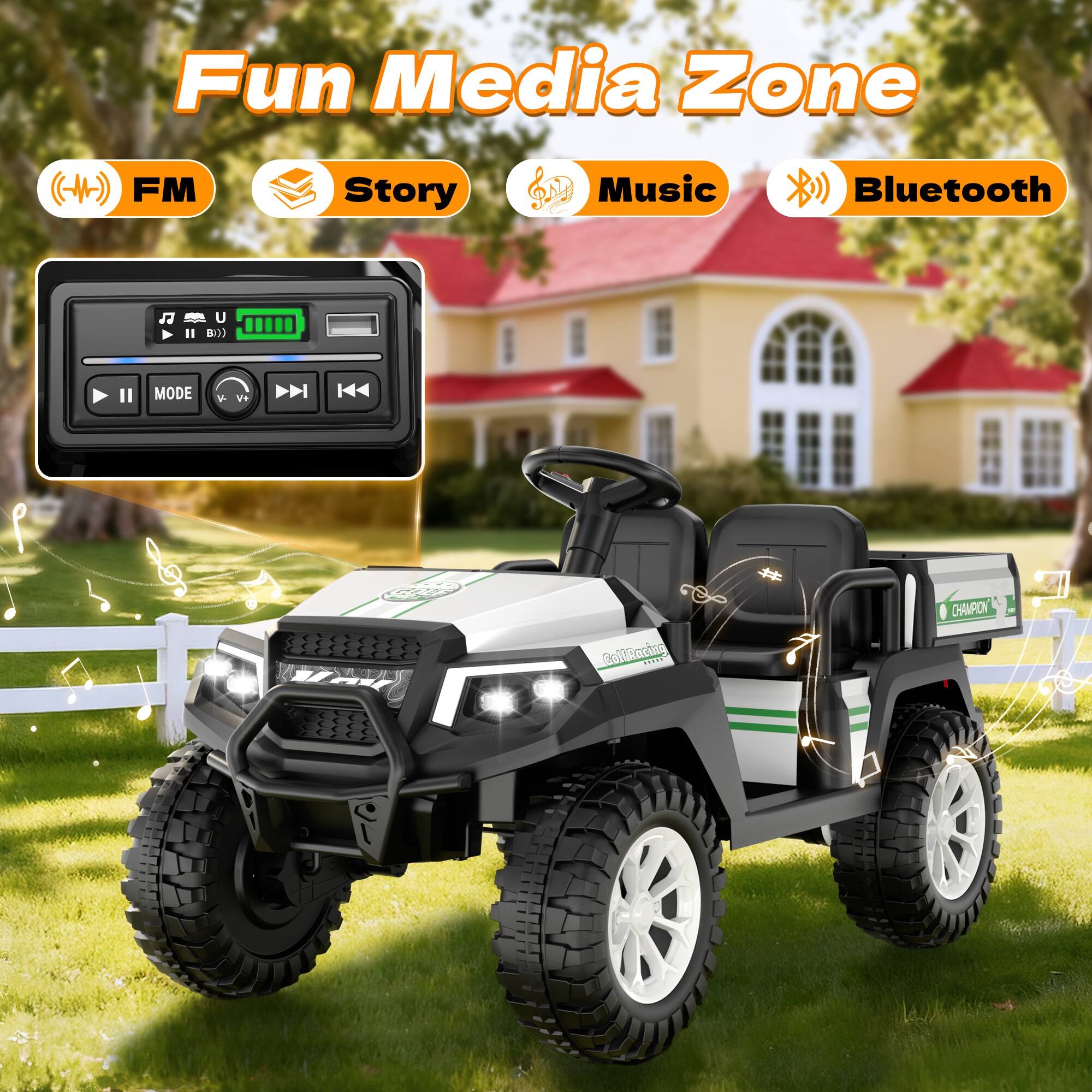Fun Media Zone  
FM  
Story  
Music  
Bluetooth  

U B1))  
II  
MODE  
V- V+  

ColfRacing  
CHAMPON