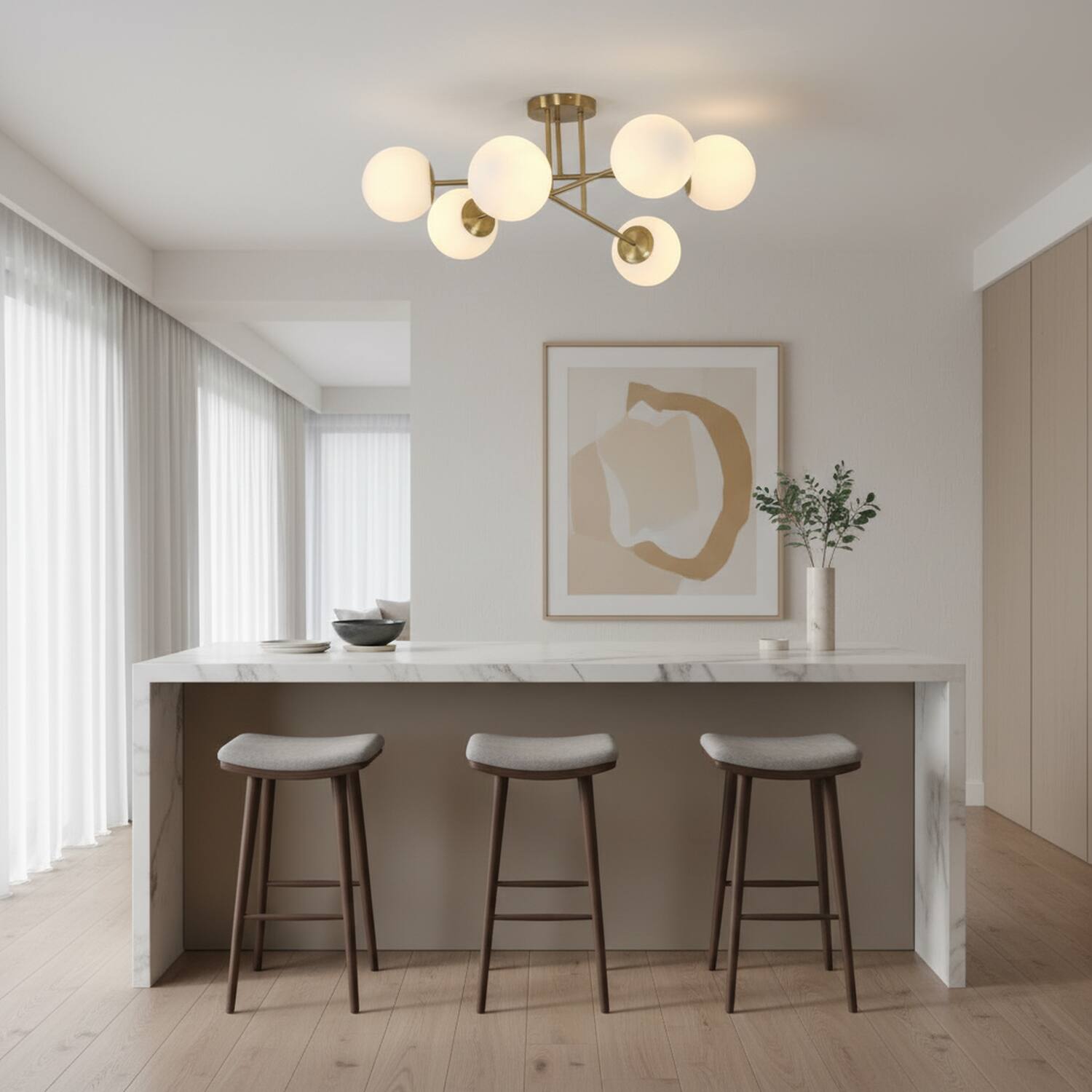 Alt View 1. Umeiluce - Modern 6-Light 30.7 Inches Semi-Flush Mount Glass Globes E12 - Brass.
