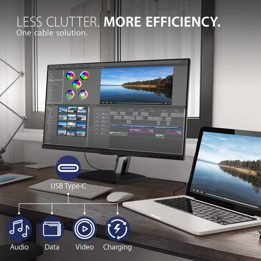 LESS CLUTTER. MORE EFFICIENCY.  
One cable solution.  

USB Type-C  
Audio  
Data  
Video  
Charging