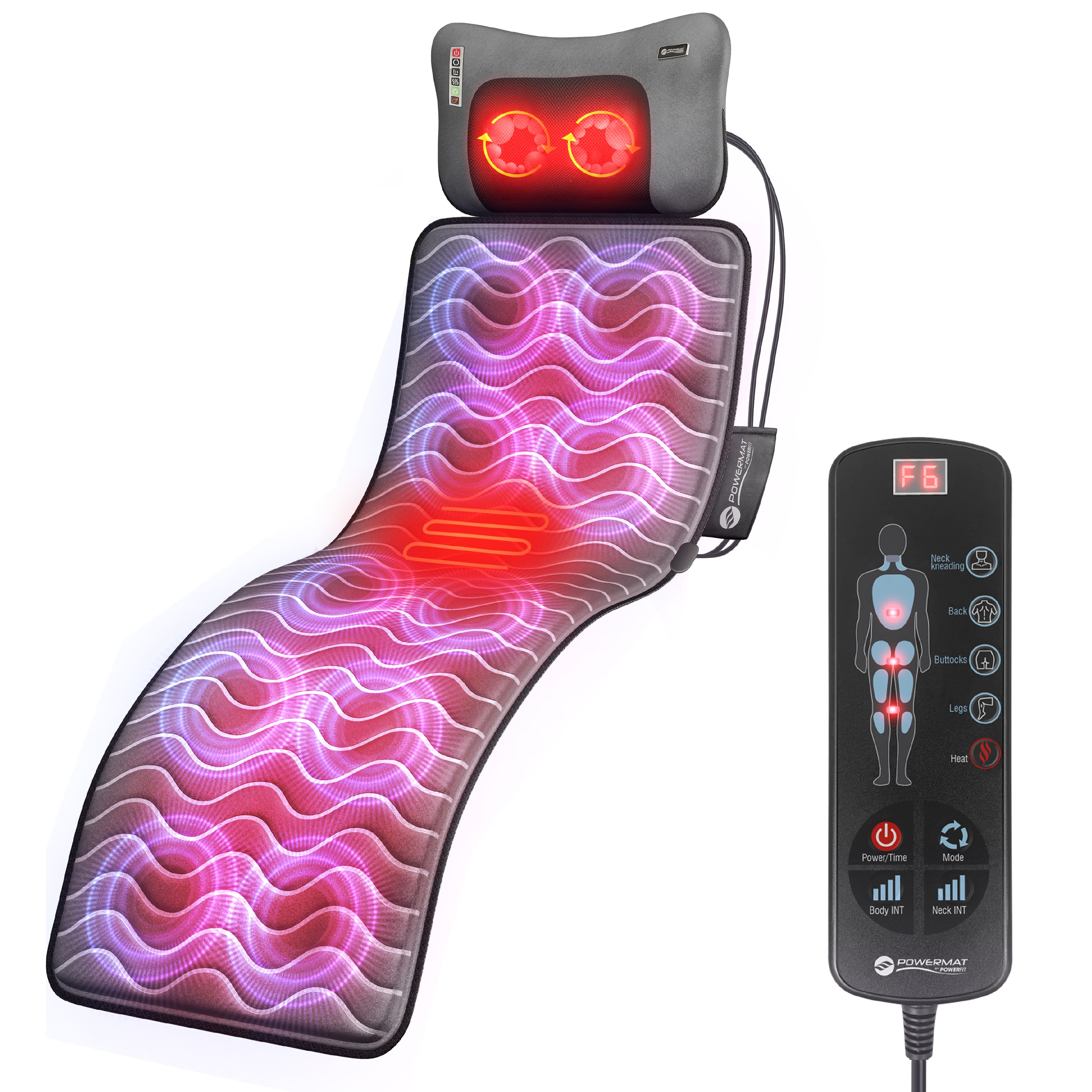 PowerFit - Powermat Massage Mat with Pillow, 9 Intensity Levels, 9 Modes, 3 Heat Settings