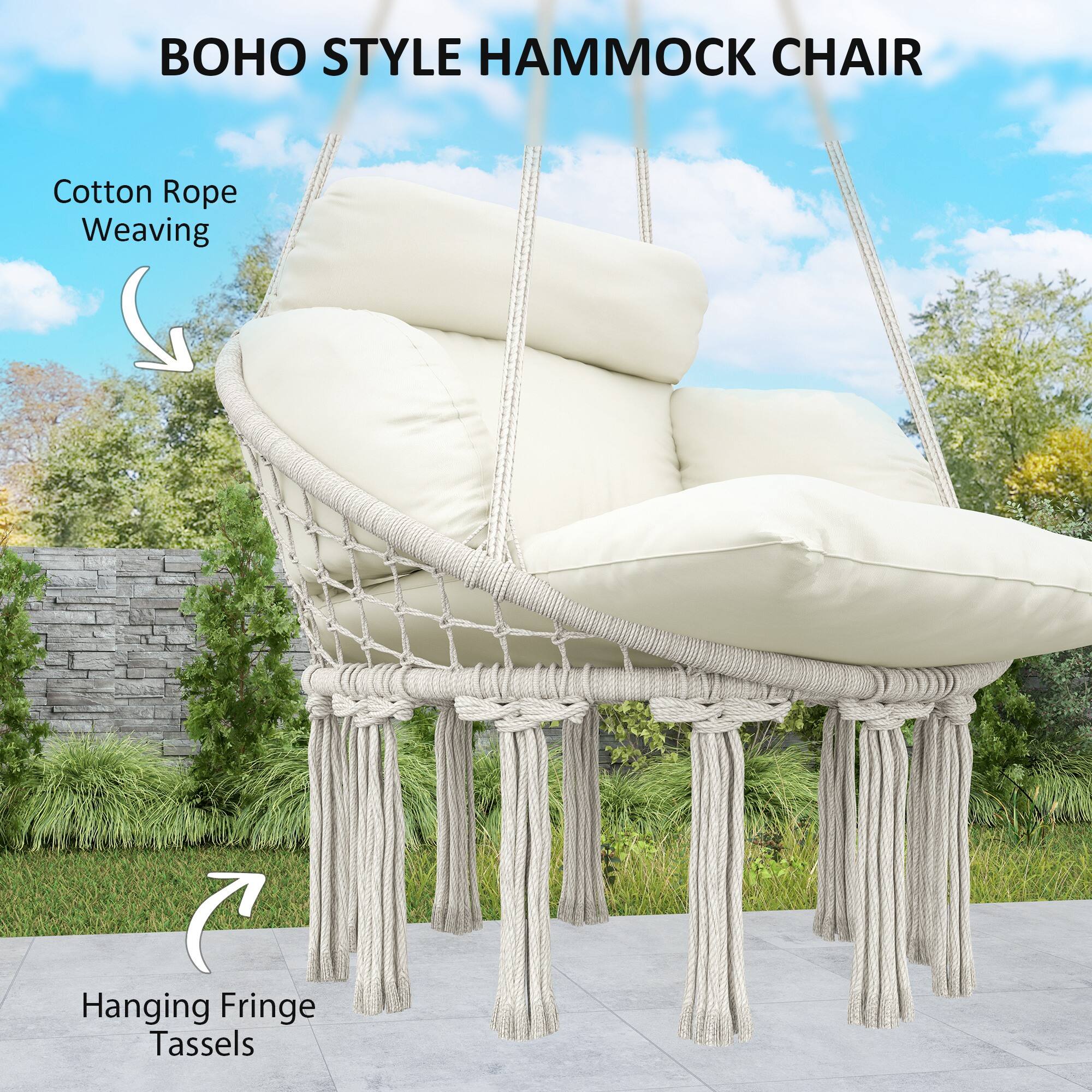 BOHO STYLE HAMMOCK CHAIR, Cotton Rope Weaving, Hanging Fringe Tassels