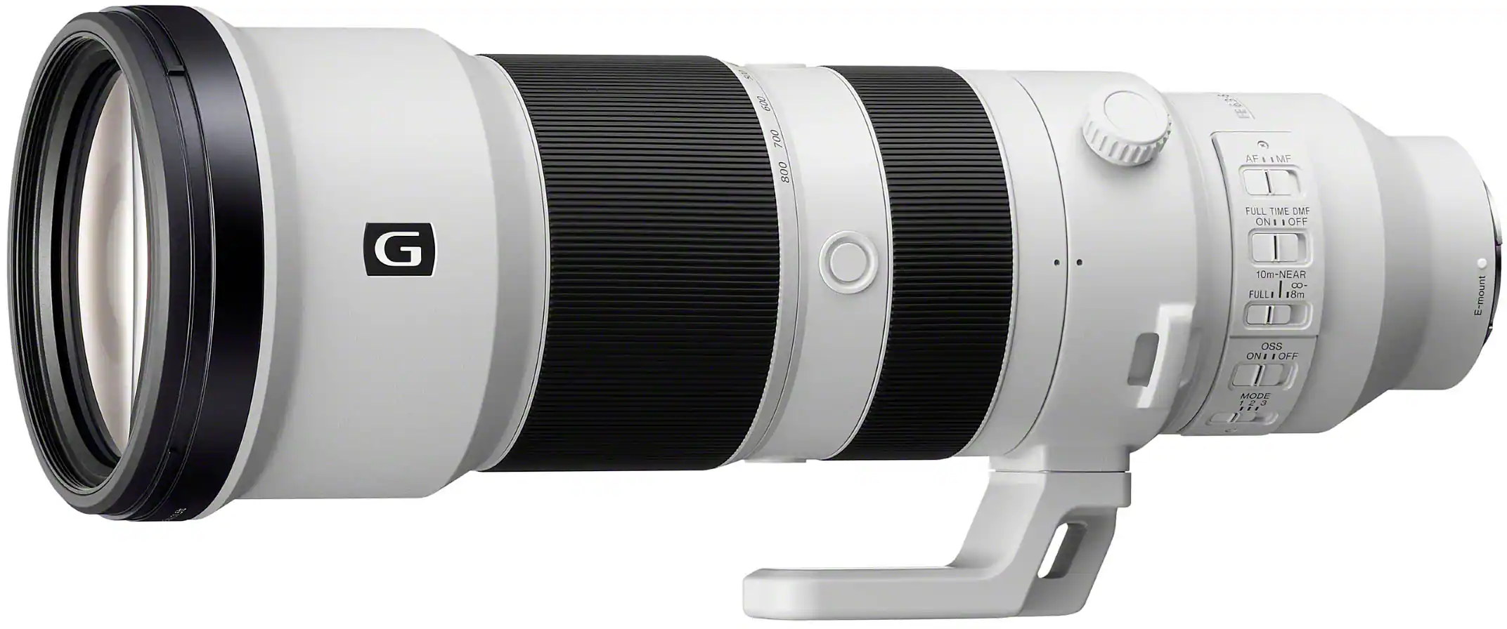 A 100-800mm AF lens with a full-time CMF on 1 and off 10m-near 8m. The lens has a full-time mode 1, 2, and 3, and an E-mount mode.