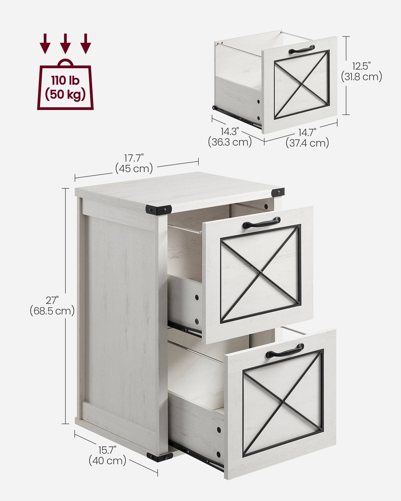 110 lb (50 kg)  
17.7" (45 cm)  
14.3" (36.3 cm) x 14.7" (37.4 cm) x 12.5" (31.8 cm)  
27" (68.5 cm)  
15.7" (40 cm)