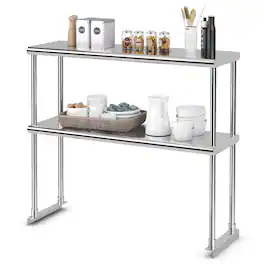 Costway - 36" 2-Tier Overshelf for Prep & Worktable Stainless Steel Adjustable Lower Shelf - Silver
