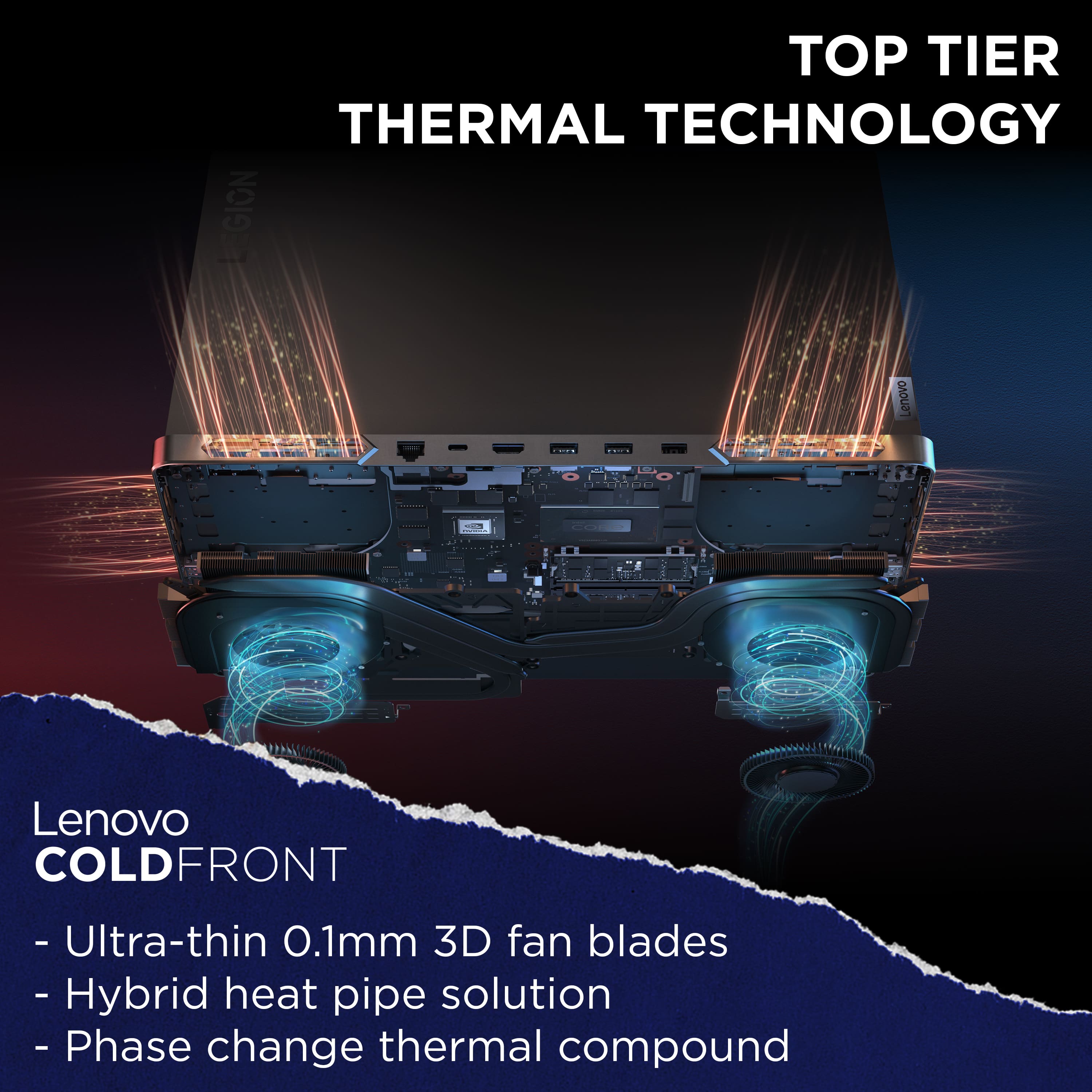 Top Tier Thermal Technology: Lenovo ColdFront - Ultra-thin 0.1mm 3D fan blades - Hybrid heat pipe solution - Phase change thermal compound