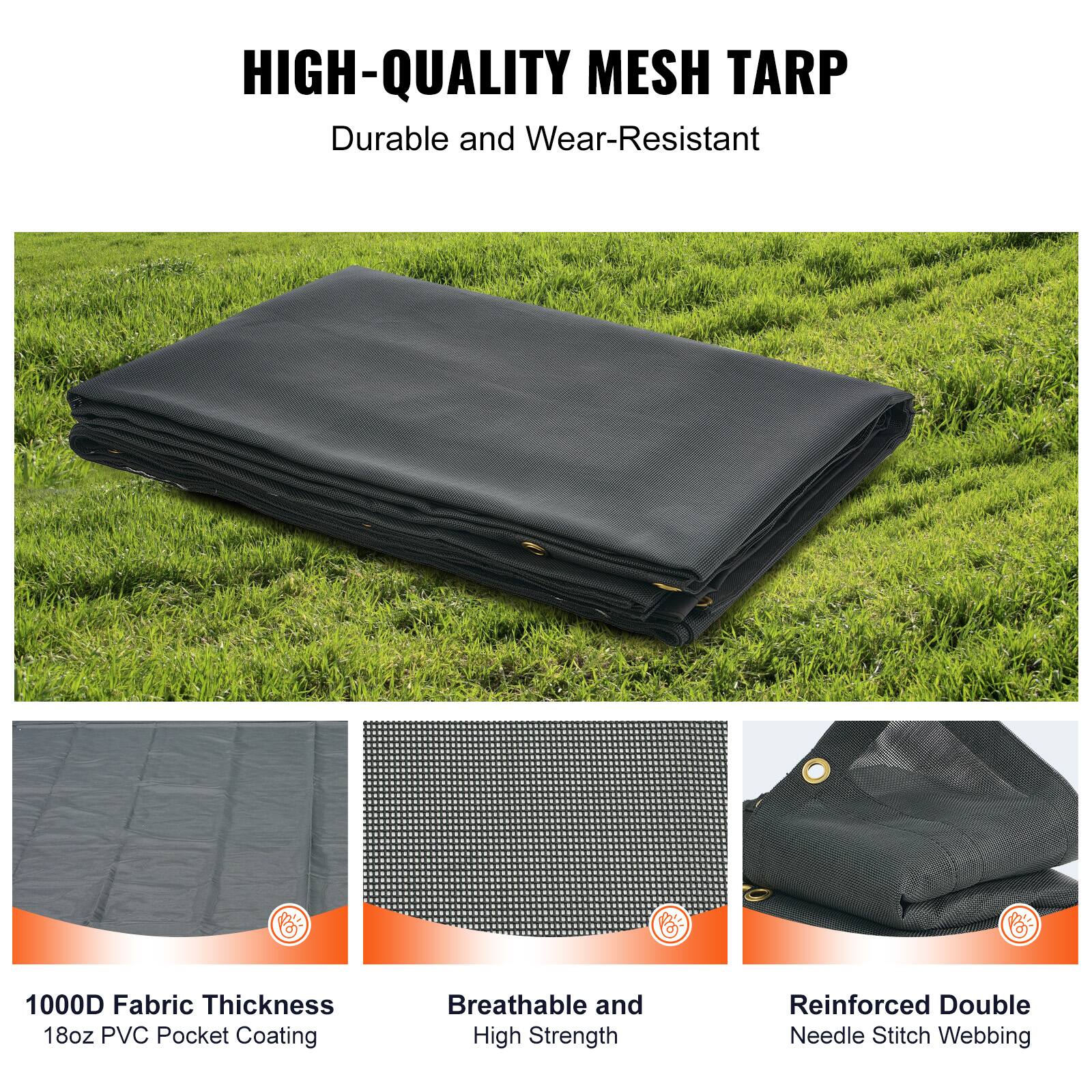 HIGH-QUALITY MESH TARP  
Durable and Wear-Resistant  

1000D Fabric Thickness  
18oz PVC Pocket Coating  

Breathable and High Strength  

Reinforced Double Needle Stitch Webbing