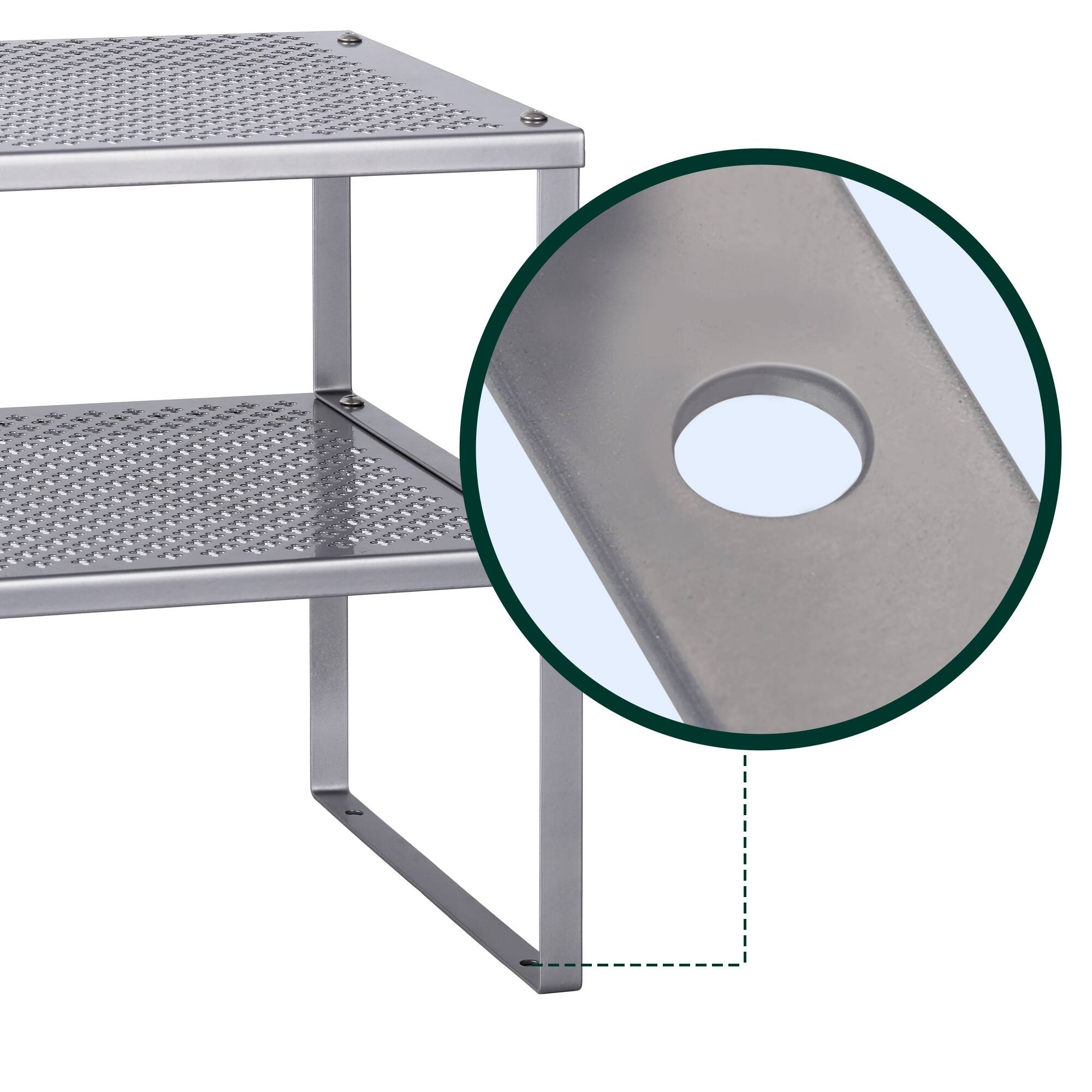 Left. Oumilen - Silver 2-Tier Stackable Kitchen Cabinet Organizer, Metal Countertop Storage Shelf with Perforated Mesh Panel - Silver.