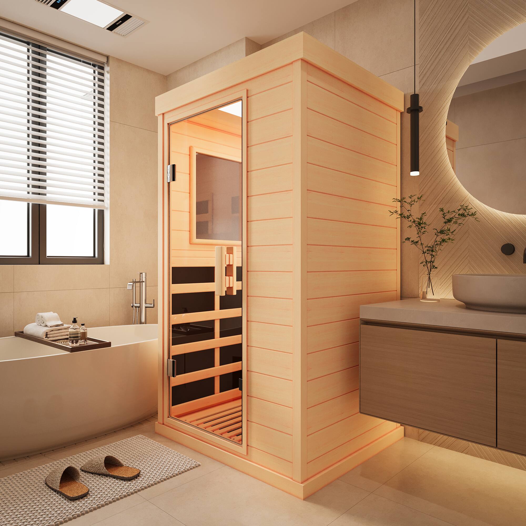 Angle. U-HOMY - U-HOMY Infrared Sauna - Space-Saving 360° Heat with Chromotherapy for Home/Gym - Wood color.