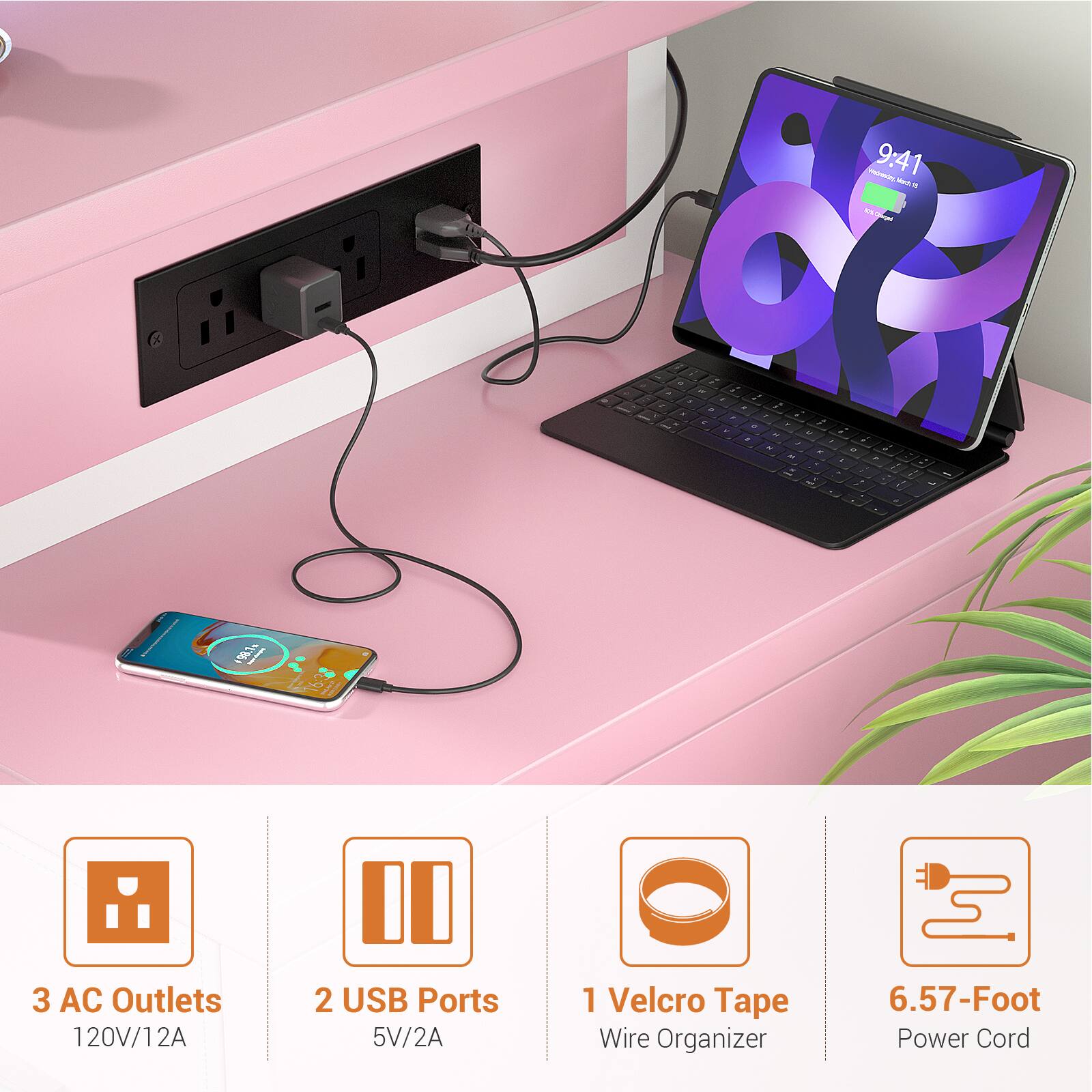 - 9:41
- 1 M eSO - 8 1 . - - - - . - . i - - - . - - - . - - -  . . - d . -  . - 3 AC Outlets 120V/12A
- 2 USB Ports 5V/2A
- 1 Velcro Tape Wire Organizer
- 6.57-Foot Power Cord
