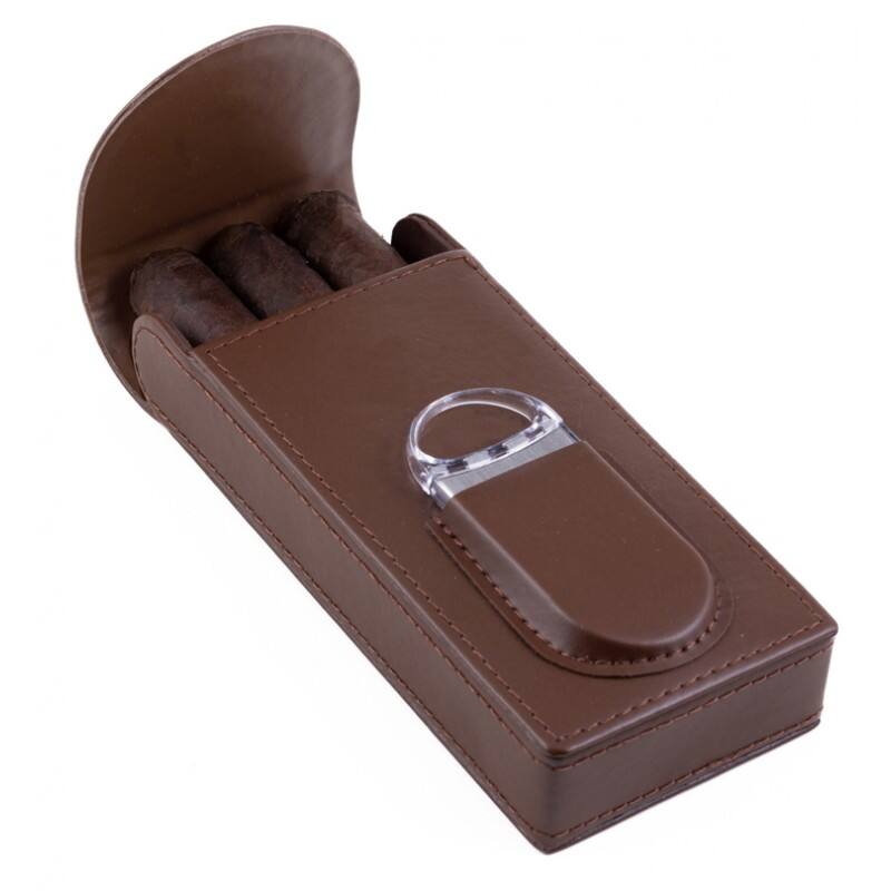 Alt View 3. Prestige - 3 Cigar Leather Case with Cutter (Brown) - Brown Leather Finish.