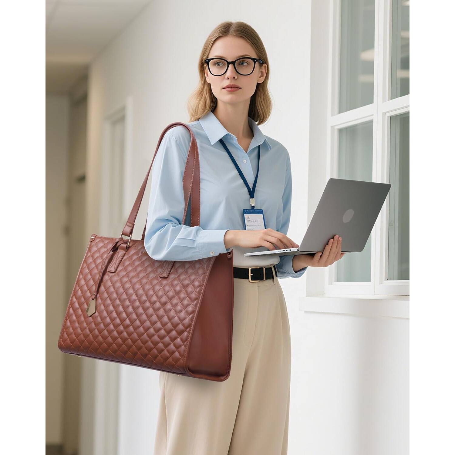 Alt View 1. LOVEVOOK - LOVEVOOK Lunch Tote Bag for Women, 15.6 inch Laptop Bag with Insulated Lunch Compartment, Computer Handbag with Purse - Brown.