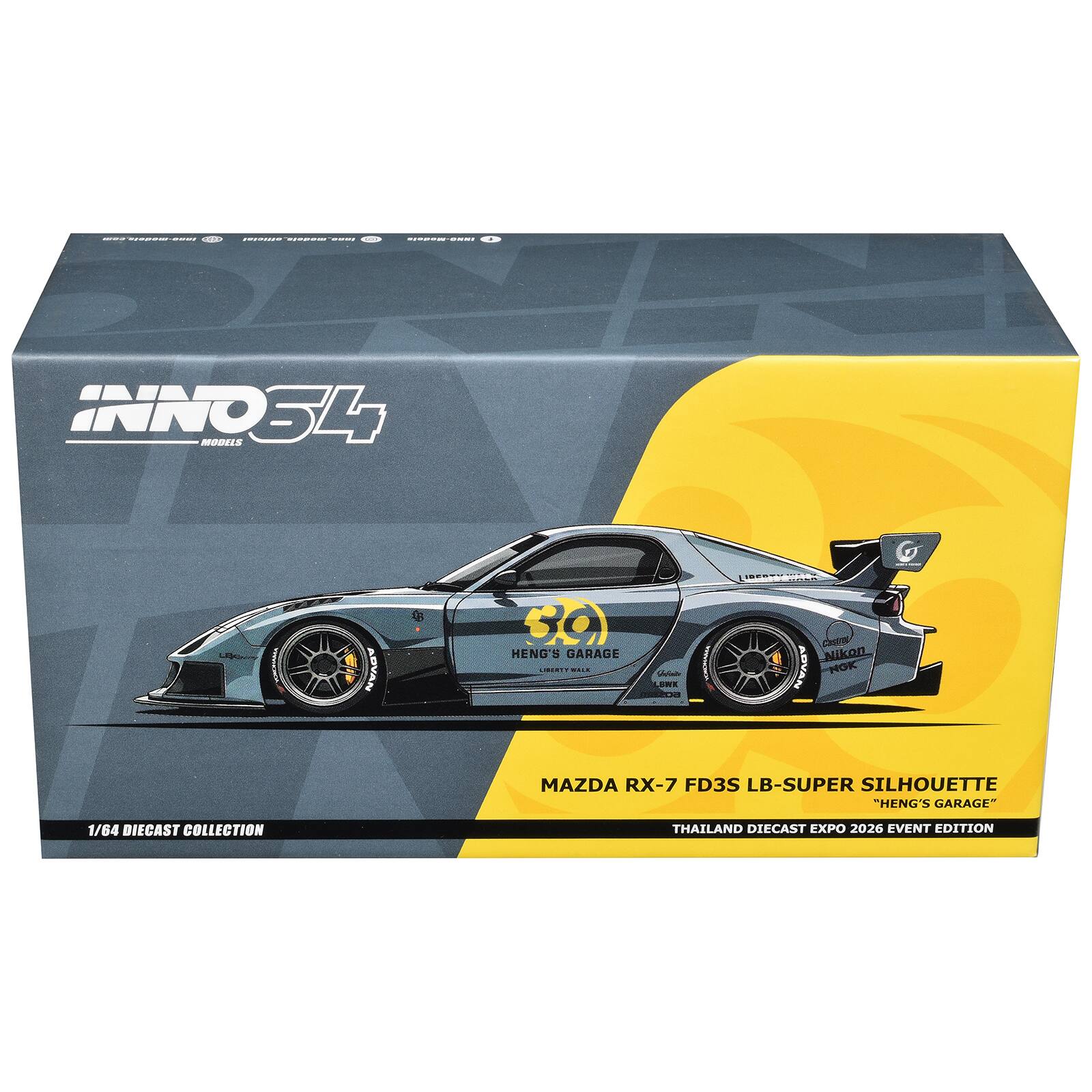 BELL TOP  
GESTERAS - sing  
2019 20-2017  
INNO34 MODELS  
G  
LACKY  
ADVAN  
3.9 HENG'S GARAGE LIBERTS MILK  
LEME ou  
Cookies Nikon NGK ADVAN  
MAZDA RX-7 FD3S LB-SUPER SILHOUETTE "HENG'S GARAGE"  
1/64 DIECAST COLLECTION  
THAILAND DIECAST EXPO 2026 EVENT EDITION