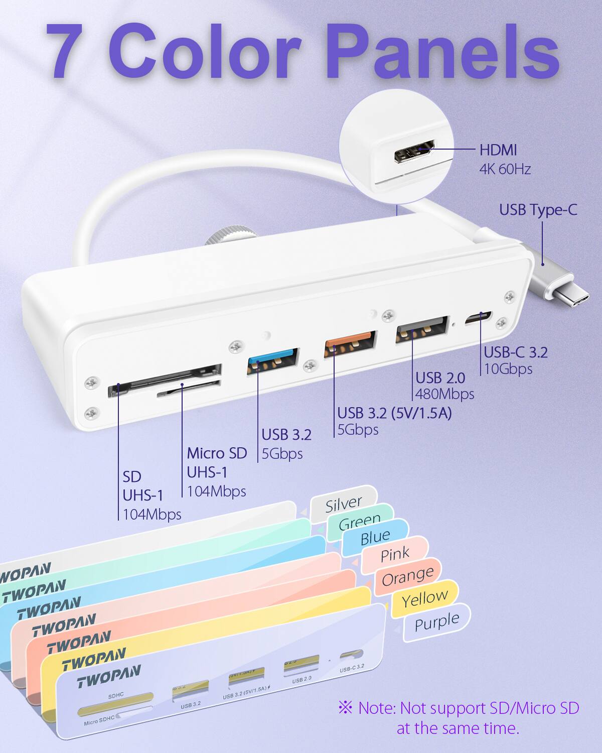 7 Color Panels HDMI 4K 60Hz USB Type-C USB-C 3.2 10Gbps USB 2.0 480Mbps USB 3.2 (5V/1.5A) 5Gbps Micro SD SD UHS-1 104Mbps SD UHS-1 104Mbps Silver Green Blue Pink Orange Yellow Purple Note: Not support SD/Micro SD at the same time.
