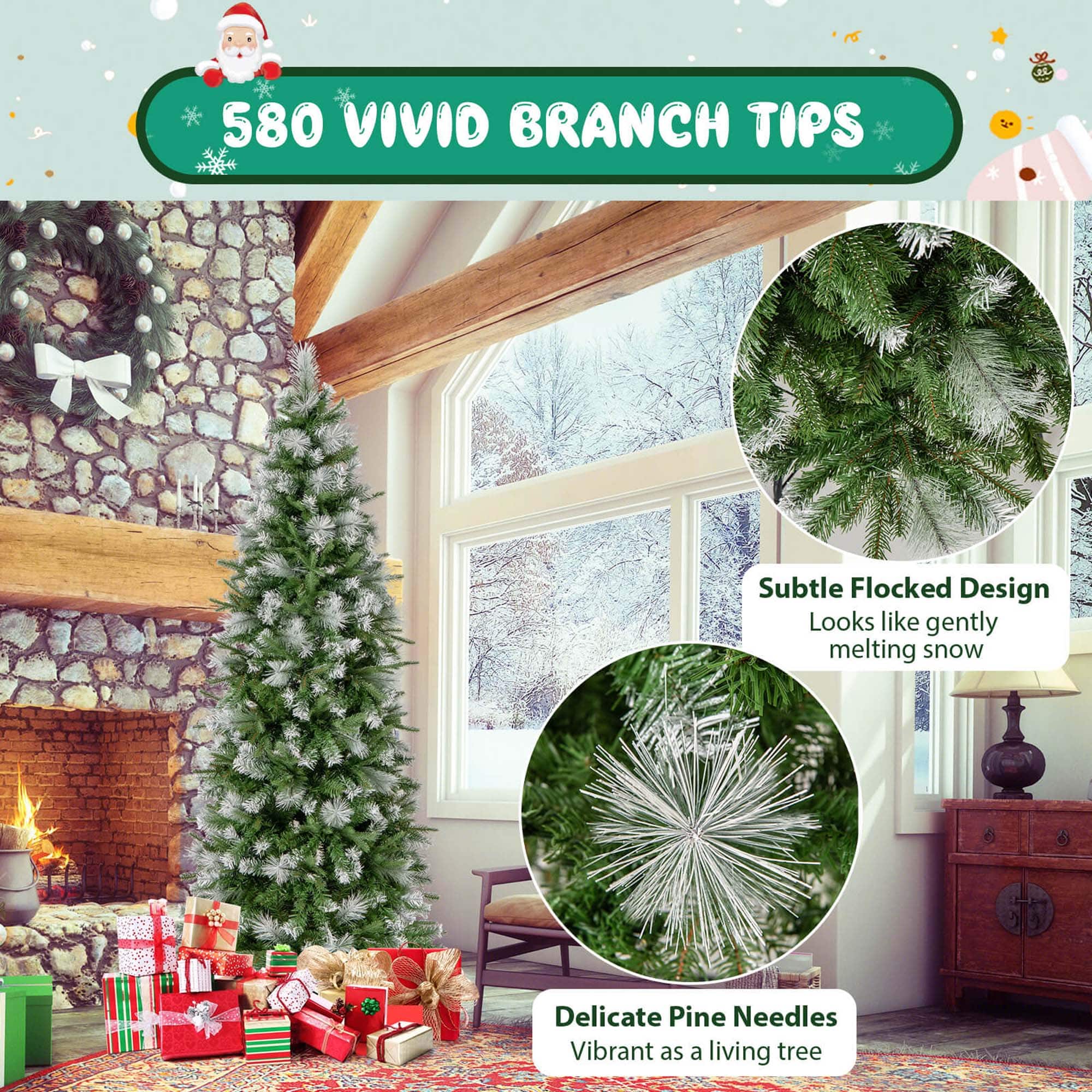 580 VIVID BRANCH TIPS: Subtle Flocked Design, Looks like gently melting snow, Delicate Pine Needles, Vibrant as a living tree.