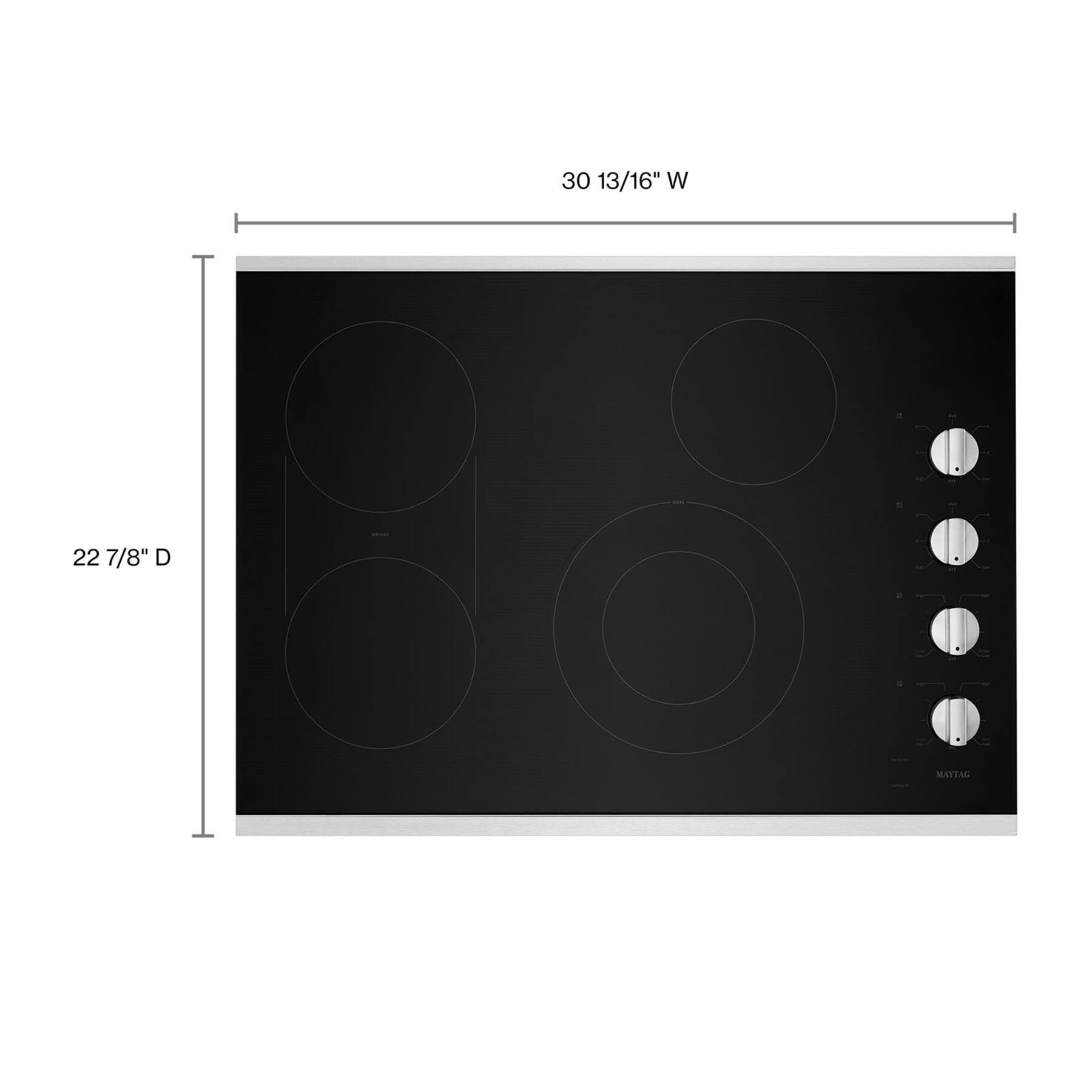 The image shows a stove top with a black surface and white numbers. The stove top is 30 13/16" wide and 22 7/8" deep. It is made of stainless steel.