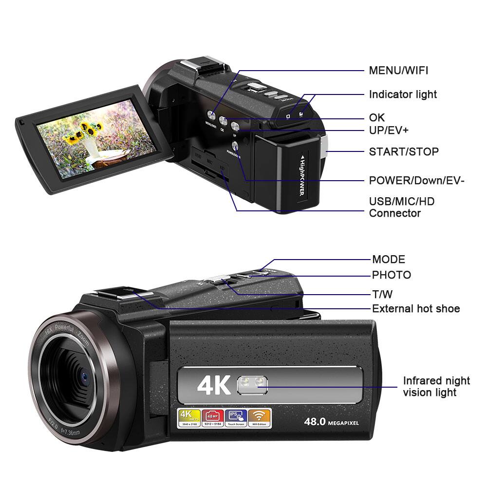 MENU/WIFI Indicator light  
OK UP/EV+ START/STOP POWER/Down/EV- USB/MIC/HD Connector  
MODE PHOTO T/W External hot shoe  
Powerful Zoom 4K Infrared night vision light  
48.0 MEGAPIXEL
