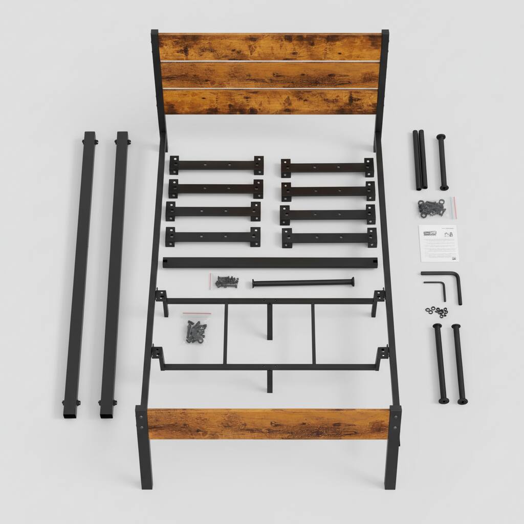 Back. AOITUN - Twin Size Industrial Bed Frame, Rustic Wood Headboard & Footboard, 800LBS Capacity, 12" Underbed Storage. - Rustic.