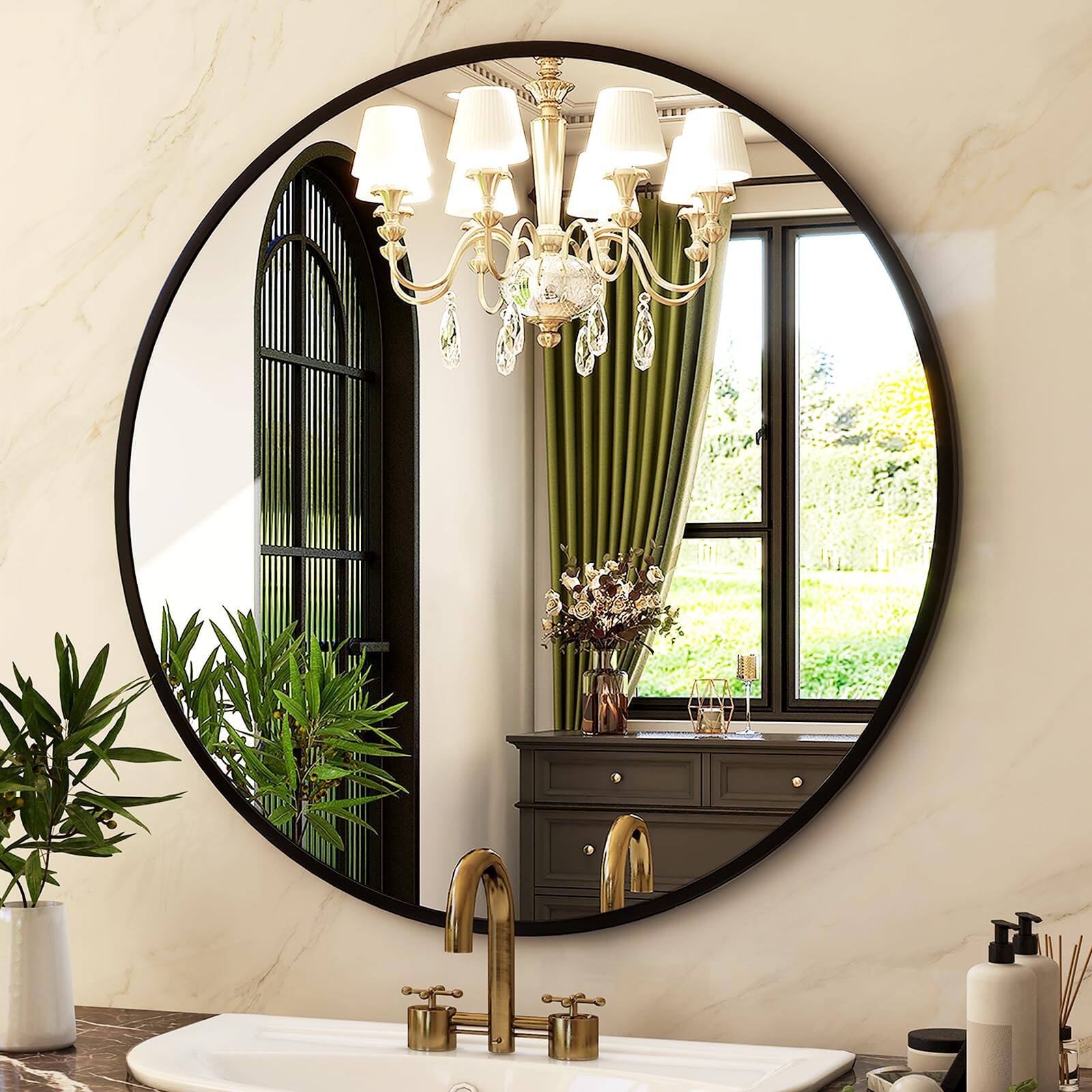Back. Live At Space - Round Mirror 24 Black Wall Mounted Circle Mirrors Vanity with Brushed Aluminum Alloy Frame Modern Decoration for - Black-20"L x 20"W.