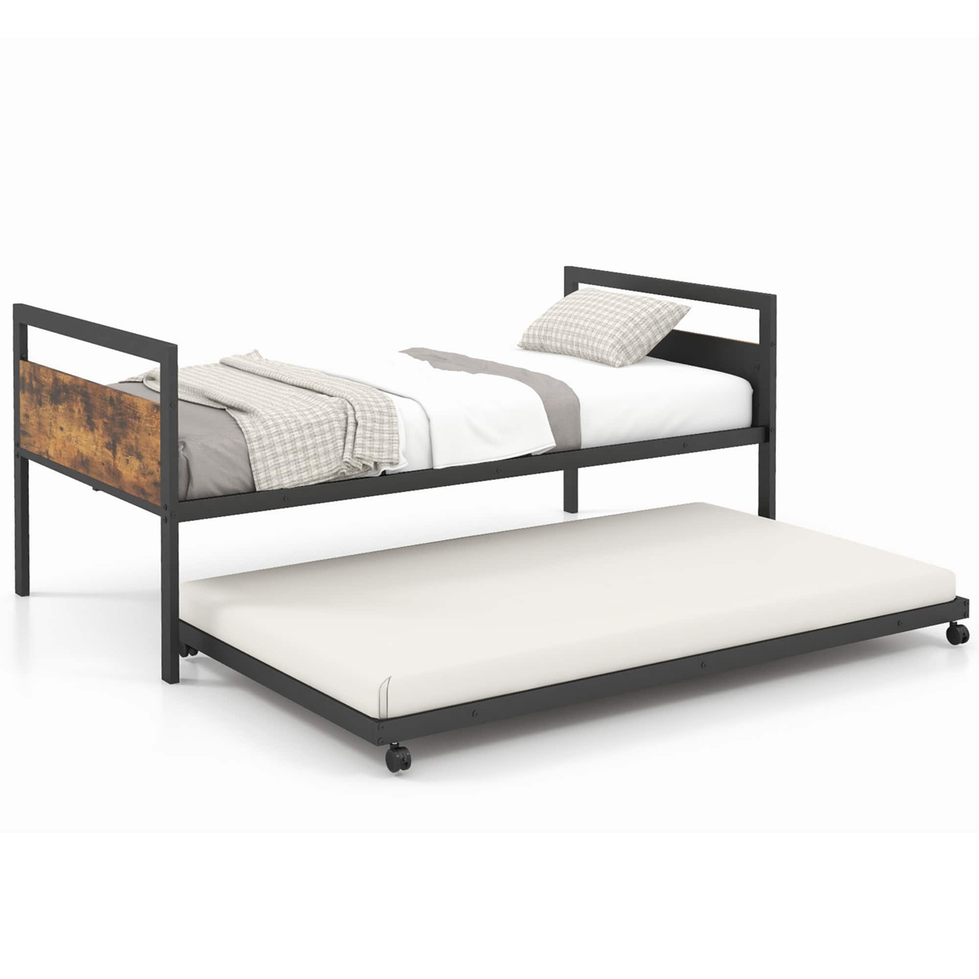Front. Costway - Costway Twin Metal Daybed with Trundle Lockable Wheels Heavy Duty Metal Slats Support - Rustic Brown,Black.