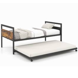 Costway - Twin Metal Daybed with Trundle Lockable Wheels Heavy Duty Metal Slats Support - Rustic Brown,Black