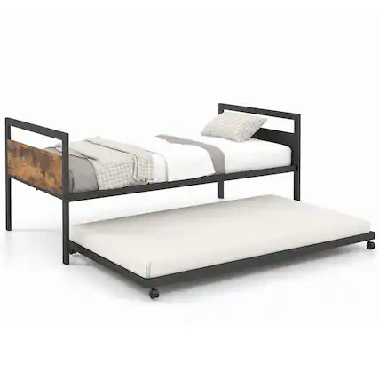 Front. Costway - Costway Twin Metal Daybed with Trundle Lockable Wheels Heavy Duty Metal Slats Support - Rustic Brown,Black.