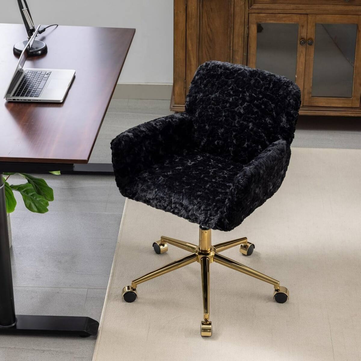 Angle. HTUTWOO - Faux Fur Desk Chair - Comfortable & Adjustable Swivel Office Chair with Wheels and Armrest for Home Office,Vanity - Black.