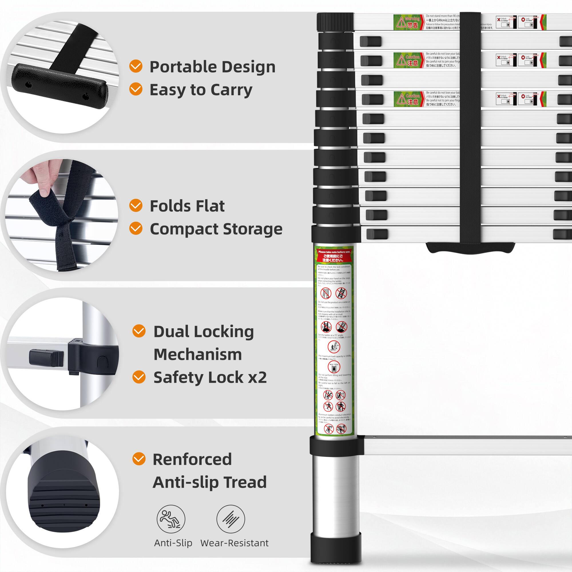 - Portable Design
- Easy to Carry
- Folds Flat
- Compact Storage
- Dual Locking Mechanism
- Safety Lock x2
- Renforced Anti-slip Tread
- Anti-Slip
- Wear-Resistant