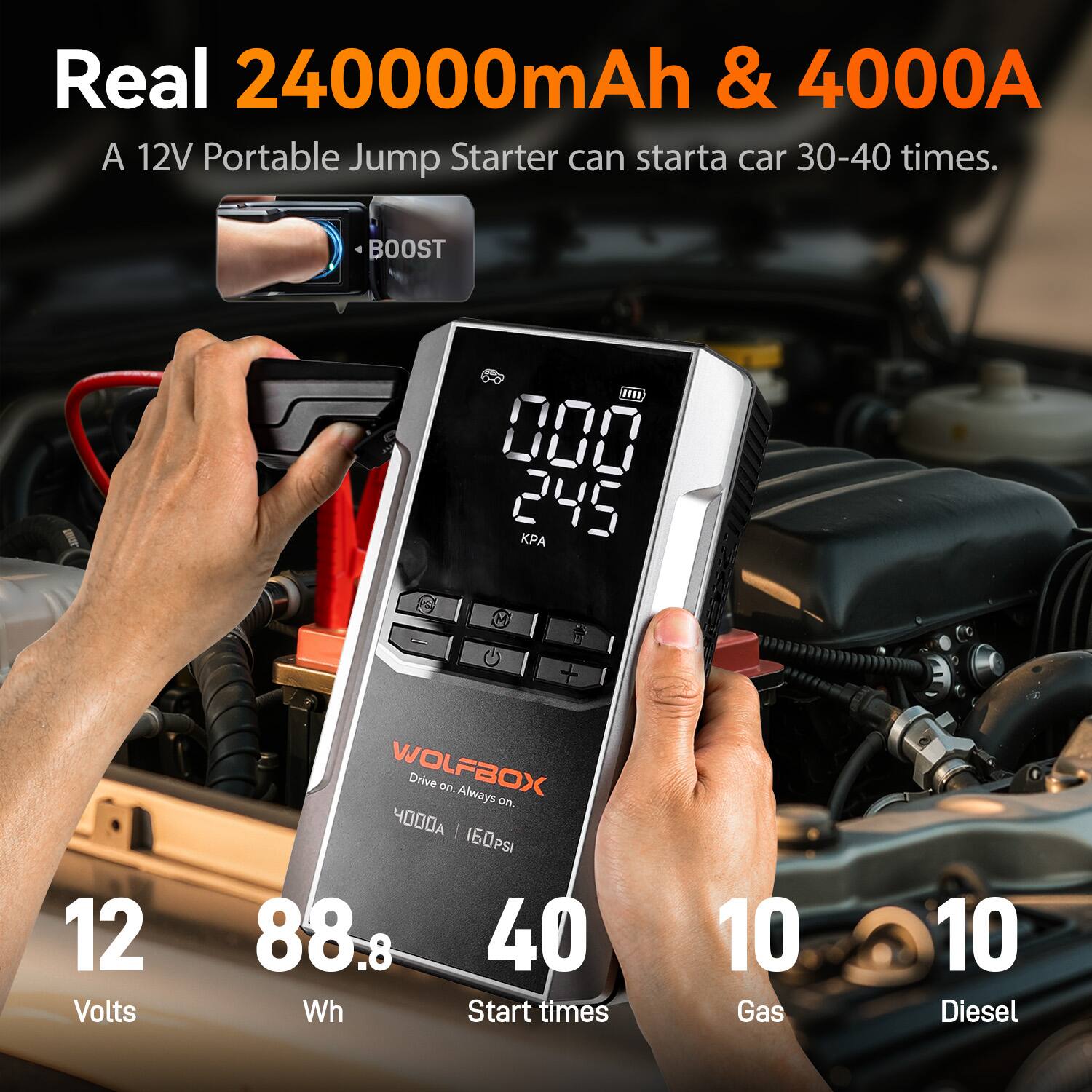 Real 240000mAh & 4000A  
A 12V Portable Jump Starter can start a car 30-40 times.  
BOOST LF 000 245 M C + 12 Volts WOLFBOX Drive on Always on.  
4000 160PSI 88.8 40 Wh Start times 10 Gas 10 Diesel