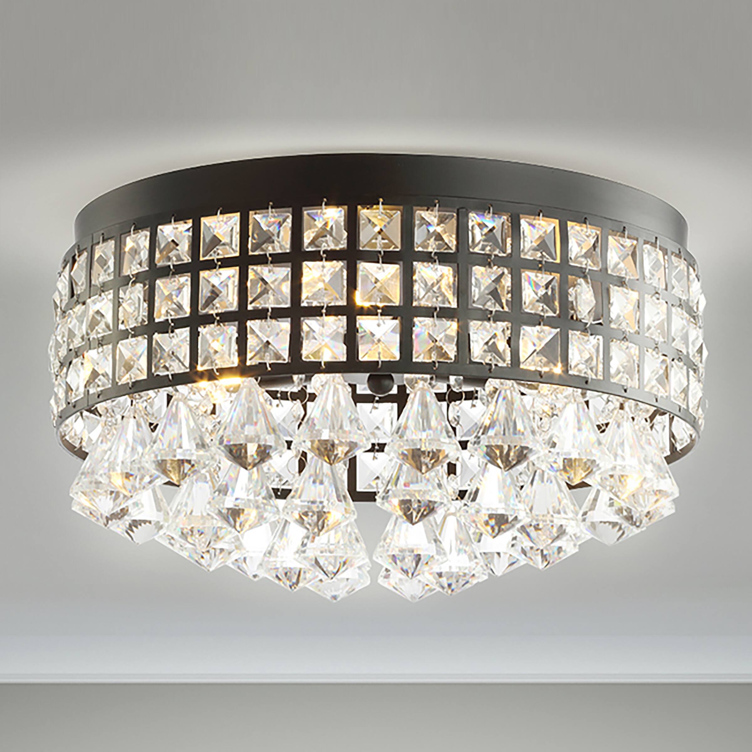 Alt View 1. Jonathan Y - Meredith 14.5" 3-Light Crystal Drops/Metal LED Flush Mount, Black - Black/Clear.