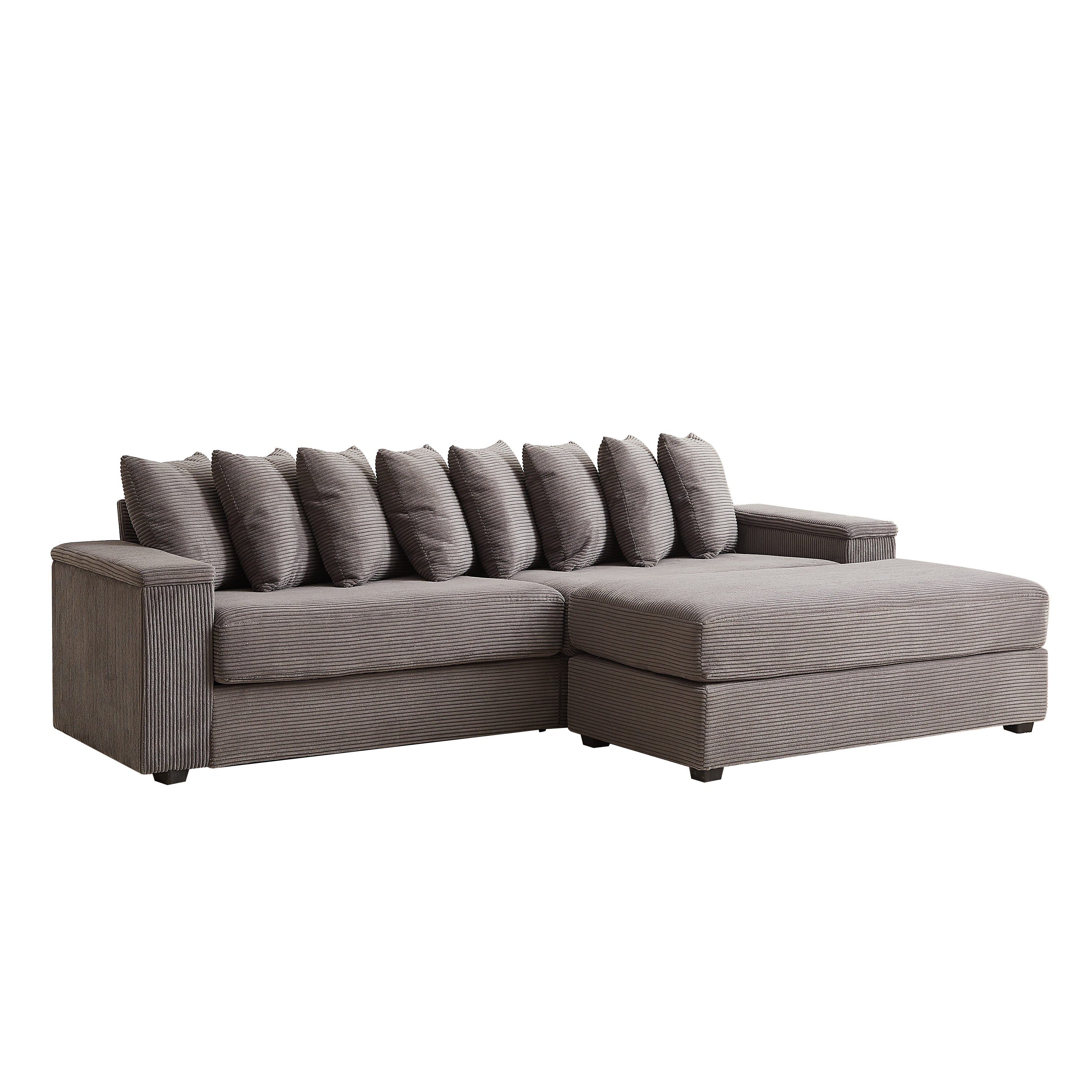 Back. Tiramisubest - Oversized Corduroy Sofa Bed with Chaise,Comfy L Shaped Sectional Couches with 8 Pillows and Two Armrest storage space - Grey.