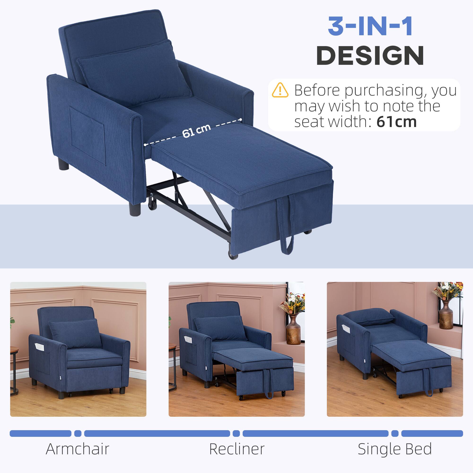 3-IN-1 DESIGN, 61cm, Before purchasing, you may wish to note the seat width: 61 cm, Armchair, Recliner, Single Bed