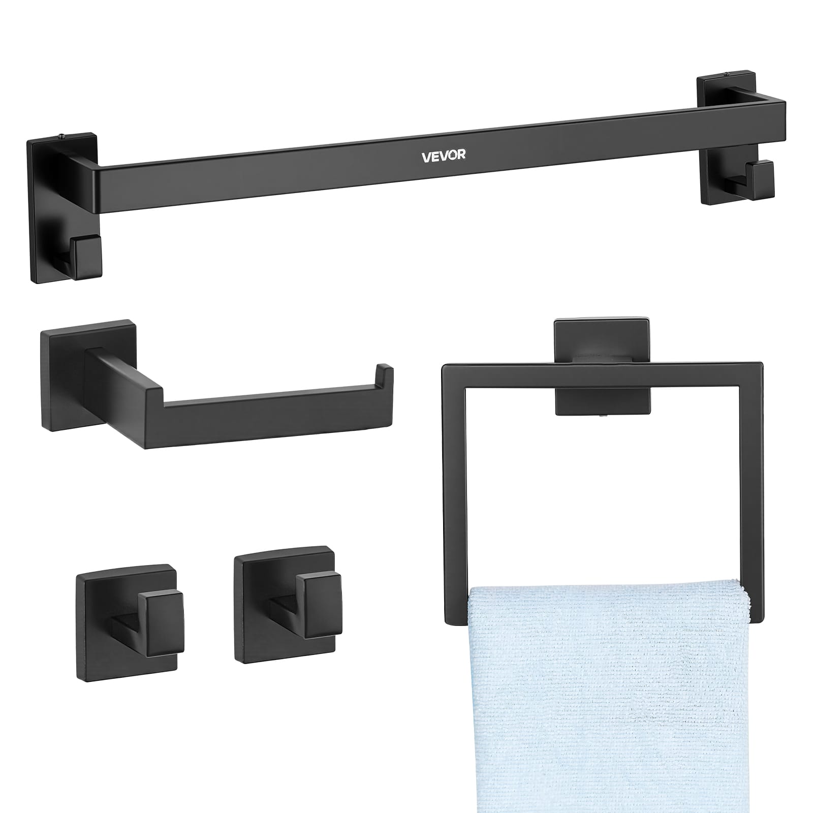 VEVOR - Matte Bathroom Hardware Set, 5 Pieces Stainless Steel Bathroom Accessories Set, 24-inch Towel Bar, Towel Rack - Black